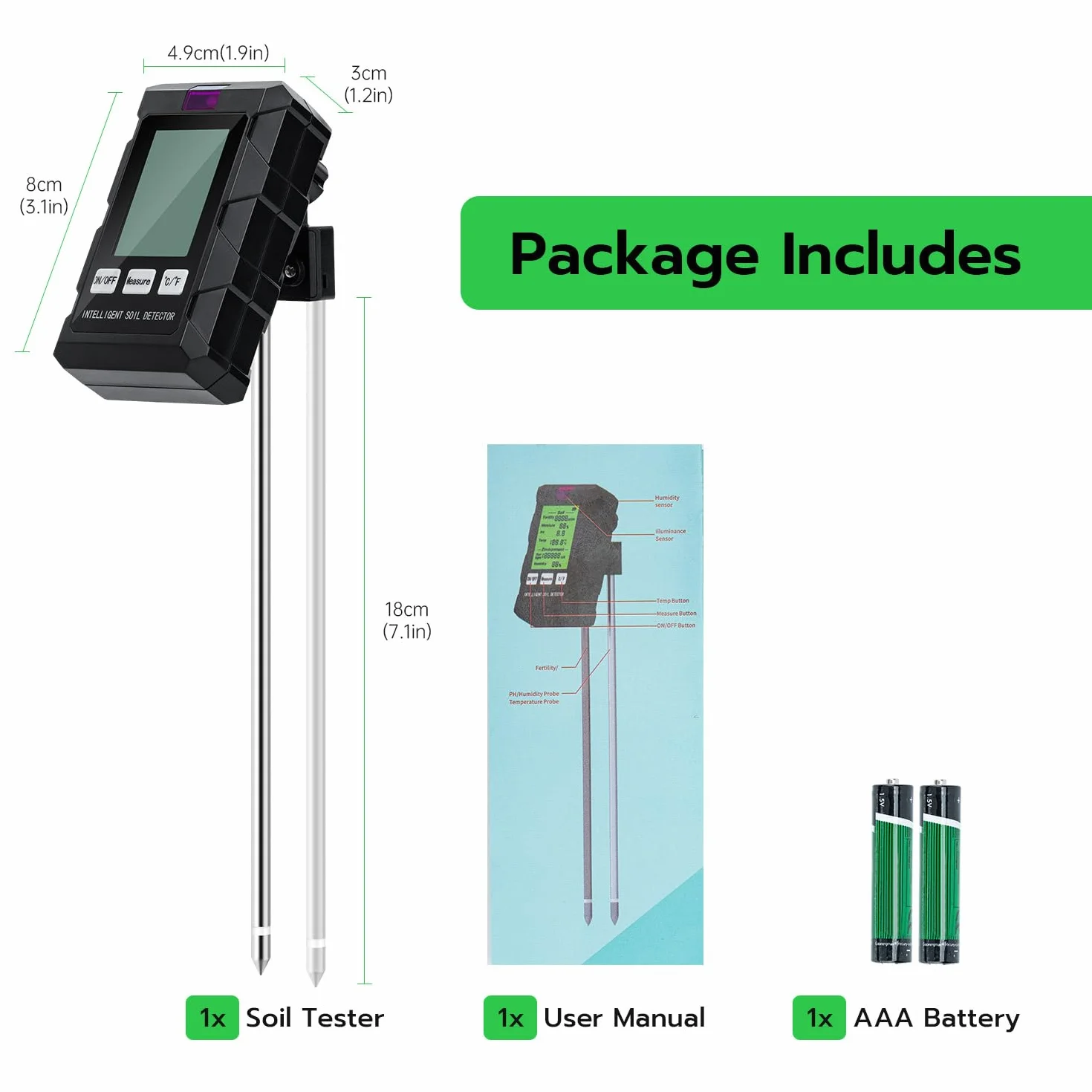 Mcbazel Tester gleby, wielofunkcyjny tester gleby 6 w 1 pH/temperatura/płodność/natężenie światła / wilgotność otoczenia, miernik wilgotności powietrza do roślin trawnikowych/roślin