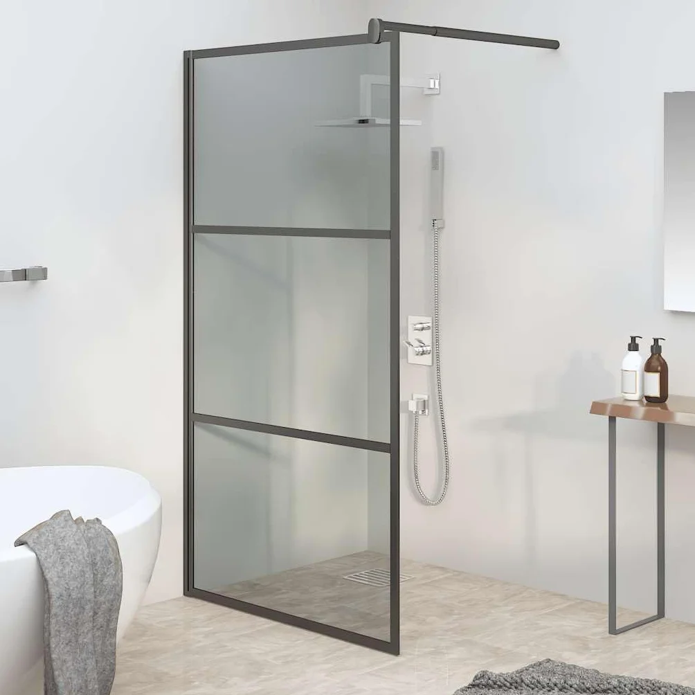 Ścianka prysznicowa Walk-In 115 x 195 cm, szkło ESG, ciemna z aluminiową ramą, czarna, regulowany profil i drążek podporowy, stabilna kabina prysznicowa do łazienki, ochrona przed pryskaniem