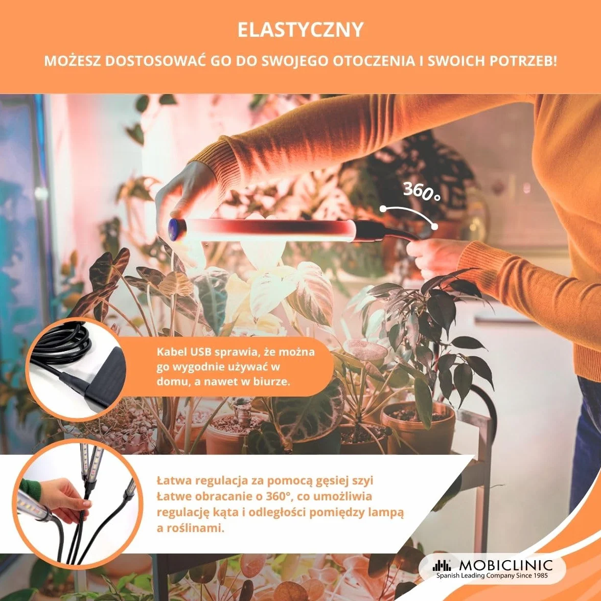 Mobiclinic Lampa Roślinna LED Growflex x4 80W Pełne Spektrum 6000K 10 Poziomów Jasności Obrót 360°