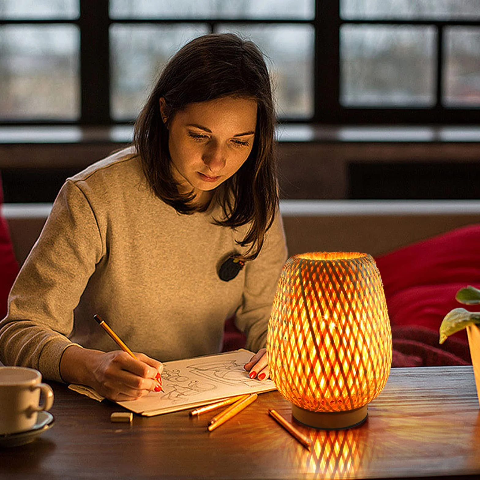Boho bambusowa mała lampa stołowa wiklinowa tkana, lampy biurkowe do sypialni, nocna lampka do czytania, wystroju domu