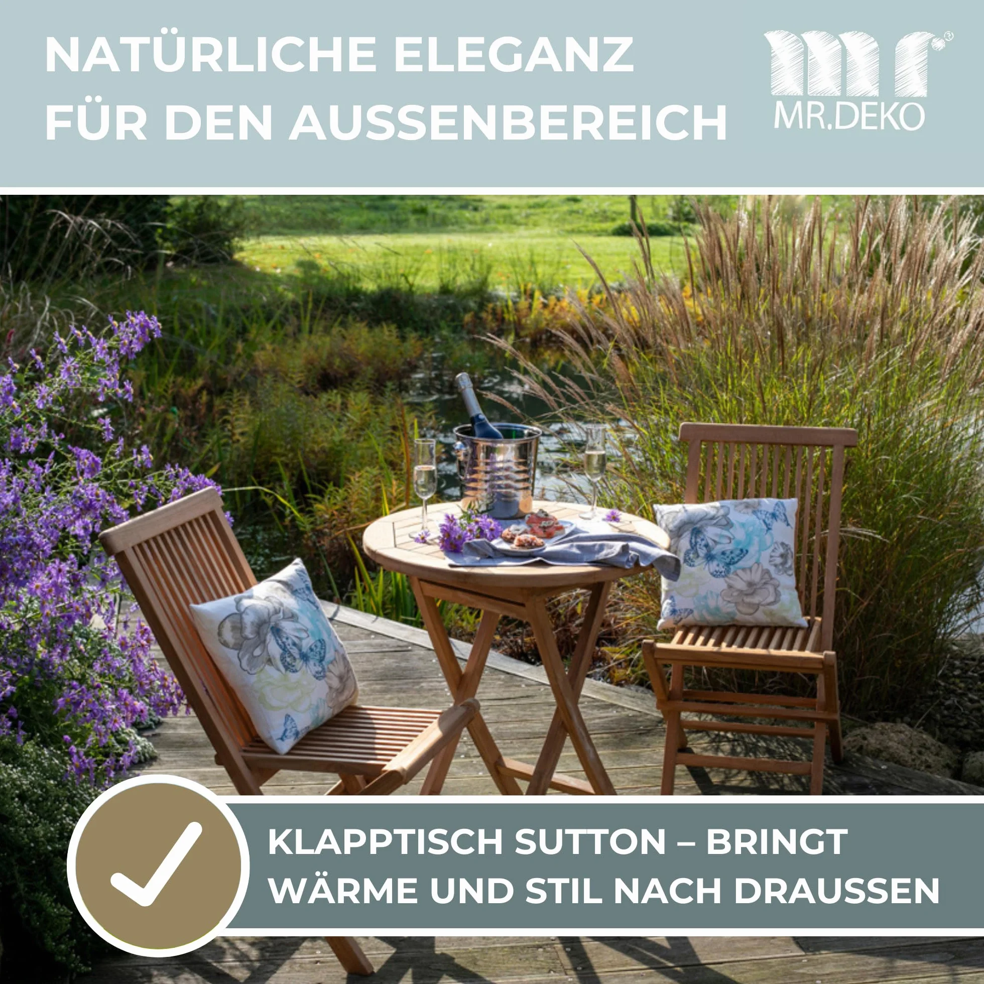 MR. DEKO® Sutton stół ogrodowy z drewna tekowego, okrągły, Ø70x75 cm, składany, stabilny, do ogrodu, na taras, balkon, stolik pomocniczy, meble ogrodowe teak, odporny na warunki atmosferyczne