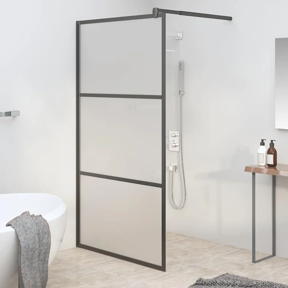 Ścianka prysznicowa Walk-In 100 x 195 cm, matowe szkło bezpieczne ESG, czarna, 5 mm, rama aluminiowa, regulowany profil i drążek podporowy, ochrona przed pryskaniem do kabiny prysznicowej