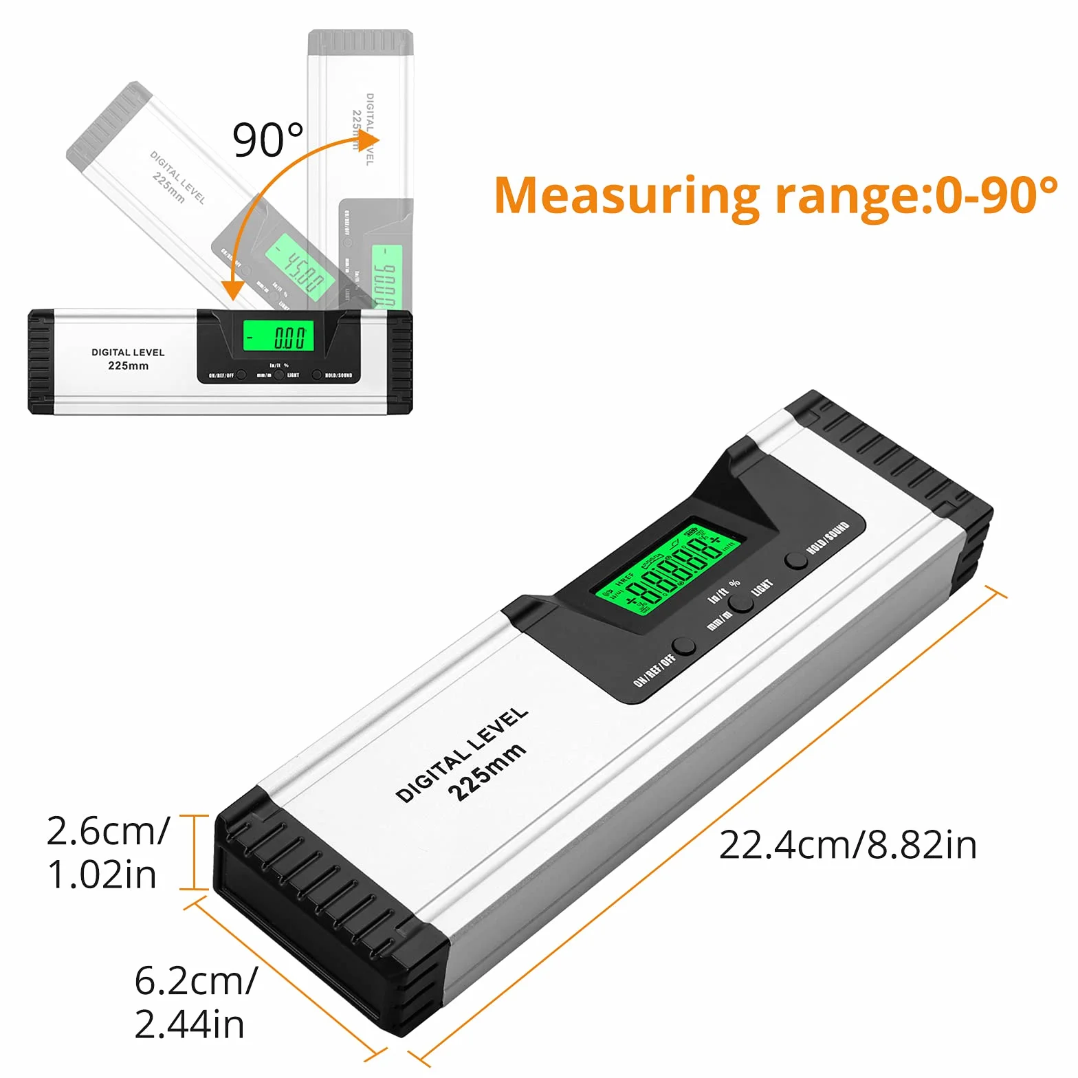 Neoteck 225mm/10 cali Cyfrowy Magnetyczny Poziom z Wskaźnikiem Dźwiękowym, aluminiowa linijka cyfrowa z magnetyczną podstawą, narzędzia pomiarowe, miernik kątów z dużym, czytelnym wyświetlaczem LED