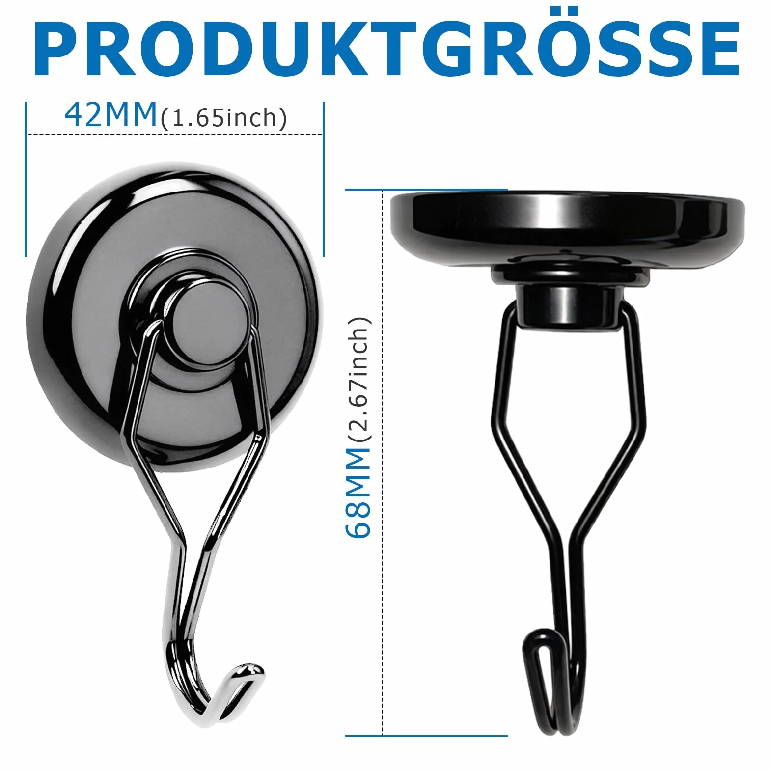 Haczyki magnetyczne, ekstra mocne, 42 mm, 68 kg, z magnesami neodymowymi, do ekstremalnych obciążeń w garażu i warsztacie, obrotowe i nierdzewne czarne, 3 sztuki