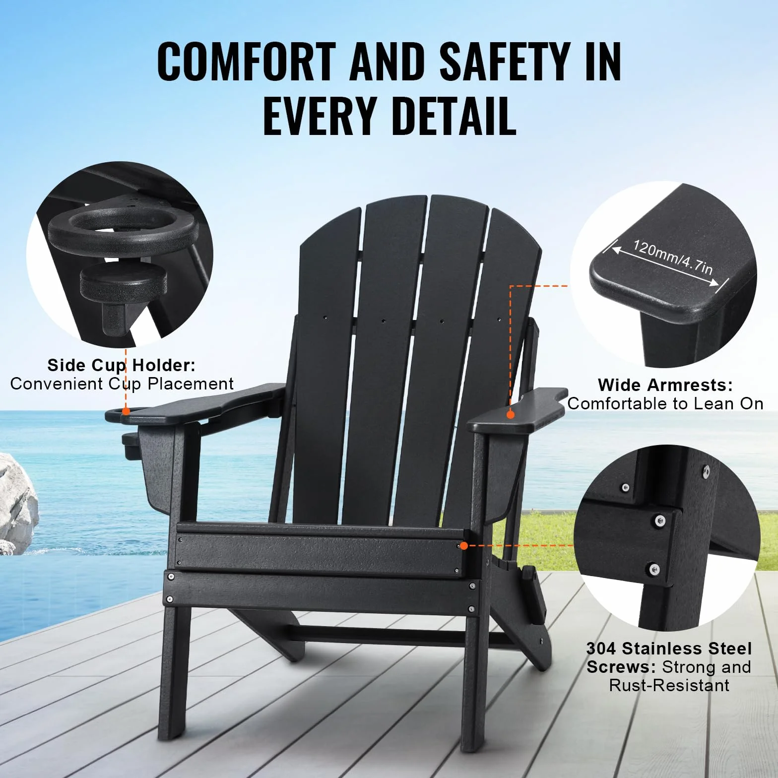 VEVOR Krzesła Adirondack z tworzywa sztucznego, zestaw 2 sztuk, odporne na warunki atmosferyczne, przenośne składane krzesła ogrodowe na patio z uchwytem na kubek, ergonomiczny relaksacyjny