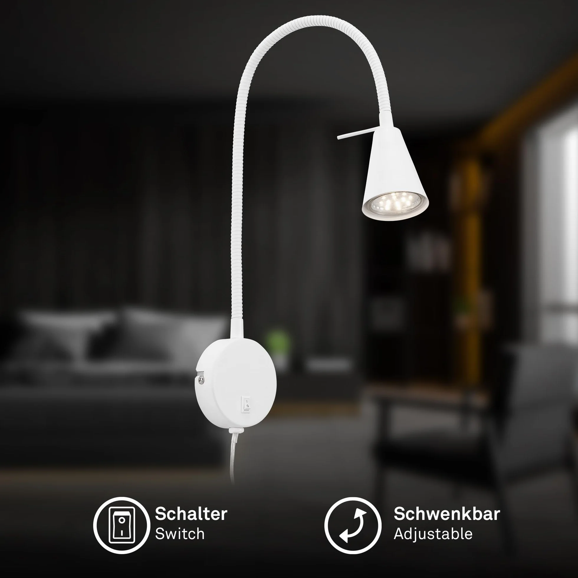 Briloner Leuchten lampa LED do łóżka Flexarm, w zestawie włącznik/wyłącznik, 4 W, 400 lumenów, 3000 kelwinów, metal, biała, 4 W