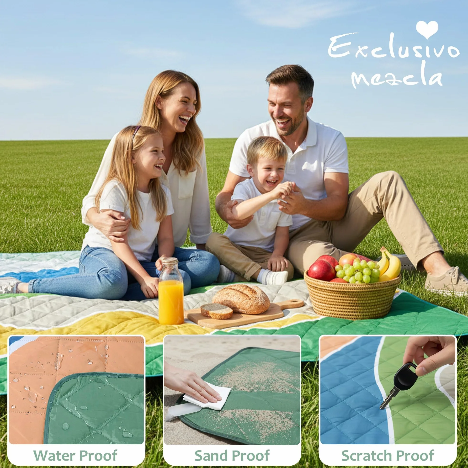 Exclusivo Mezcla Wodoodporne koce piknikowe, 3-warstwowe, 152 x 203 cm, duży, odporny na piasek koc plażowy, składany koc na zewnątrz do biwakowania na trawie, mata piknikowa