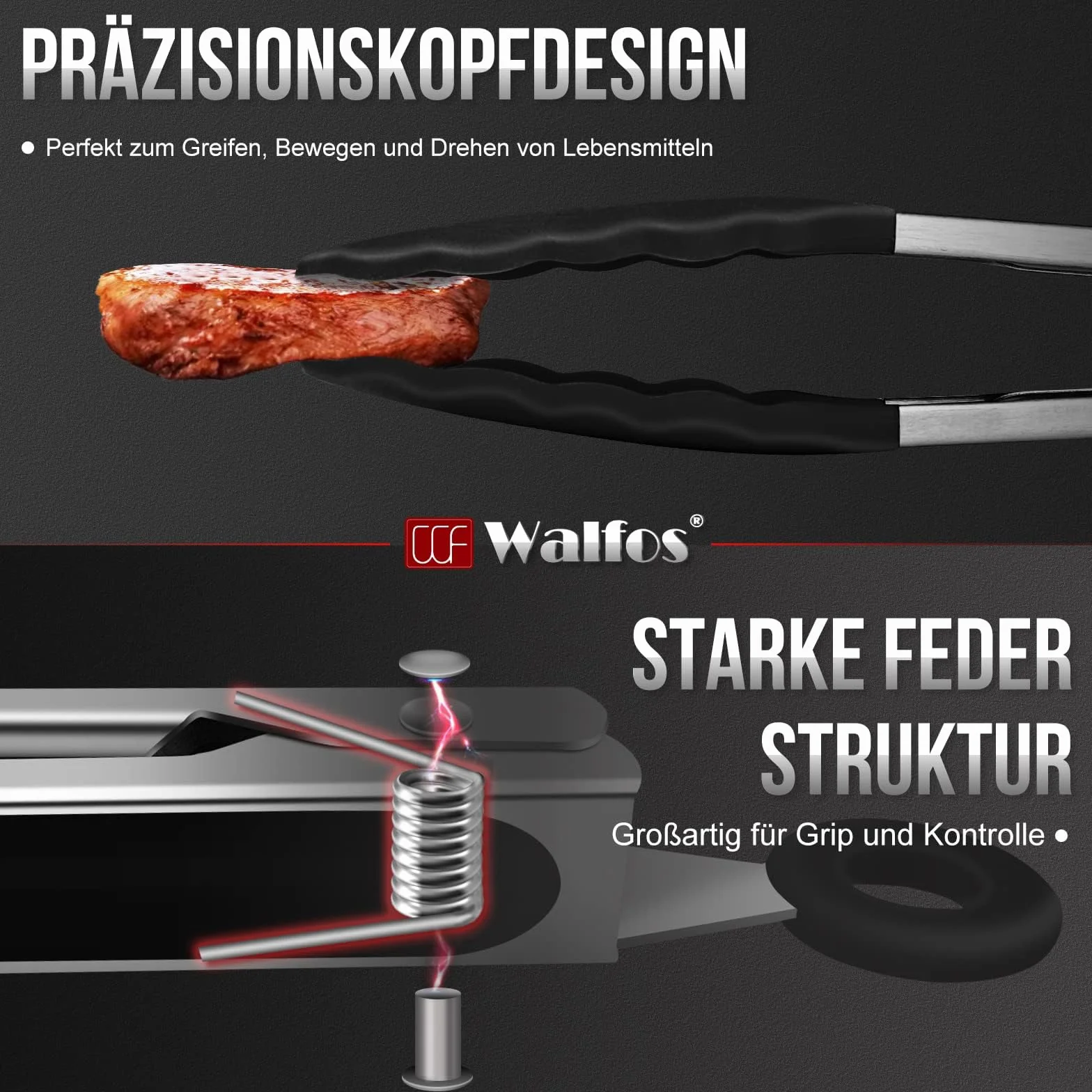 Walfos Szczypce Kuchenne Stal Nierdzewna 23 cm 30 cm Zestaw 2 Sztuk Odporne na Wysokie Temperatury