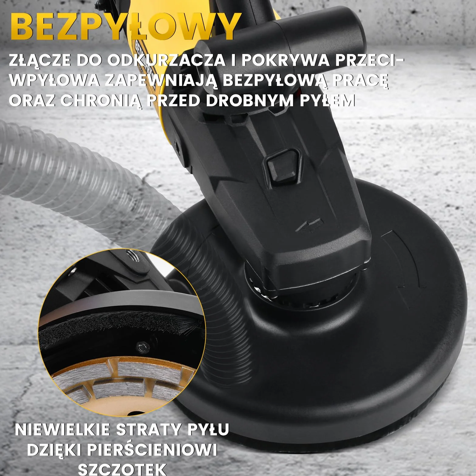 XIIW Szlifierka do betonu 3800W z tarczą diament 180mm, wydłużonym uchwytem | Frezarka posadzek z odpylaniem, 6 biegów 6000 RPM – Wyrównywanie szlifowanie usuwanie kleju betonu kamienia płytek gipsu