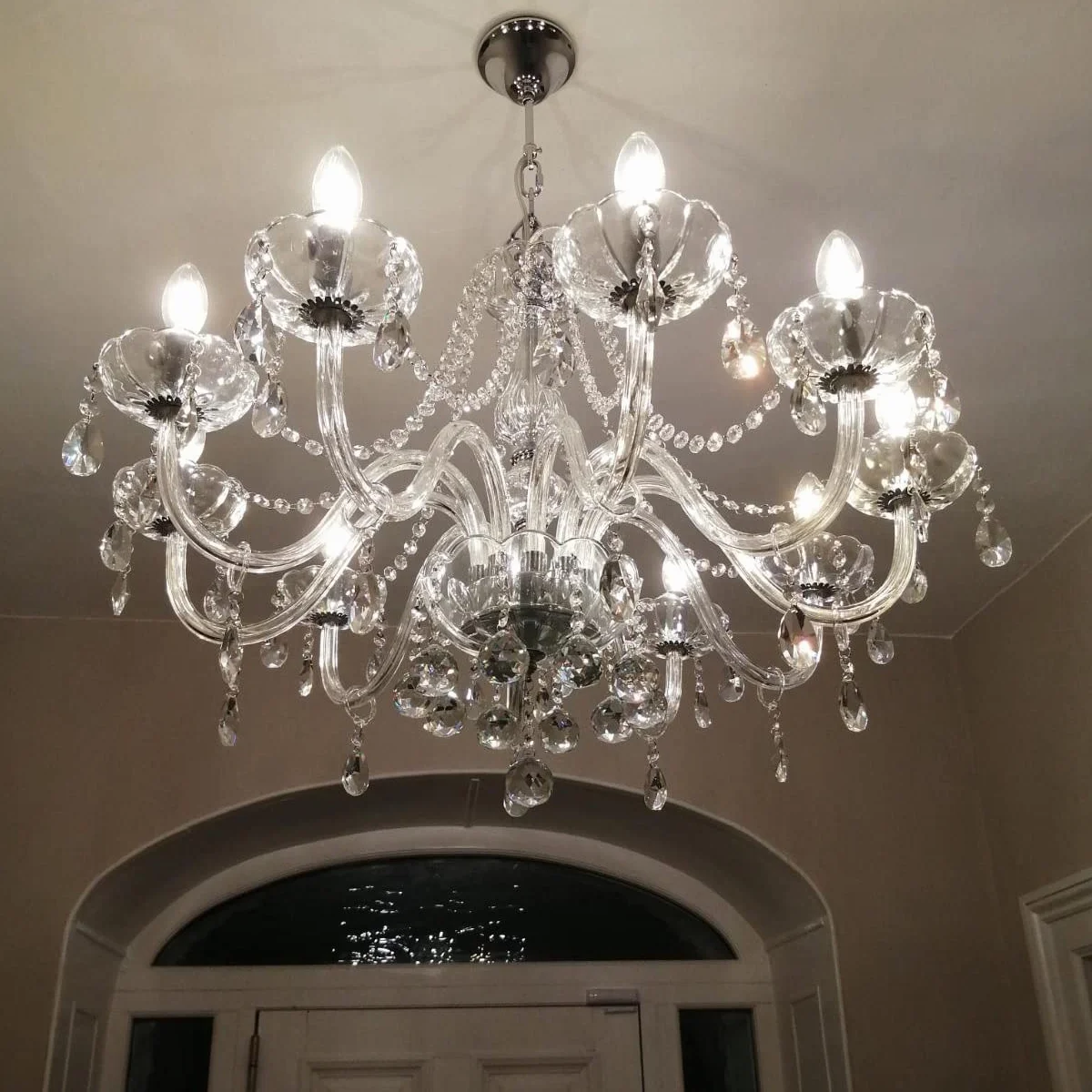 Nowoczesny kryształowy żyrandol z 10 lampkami, przezroczyste szkło kryształowe K9, elegancka lampa wisząca do jadalni, salonu, foyer, salonu, średnica 80 cm, wysokość 60 cm, łańcuch 60 cm