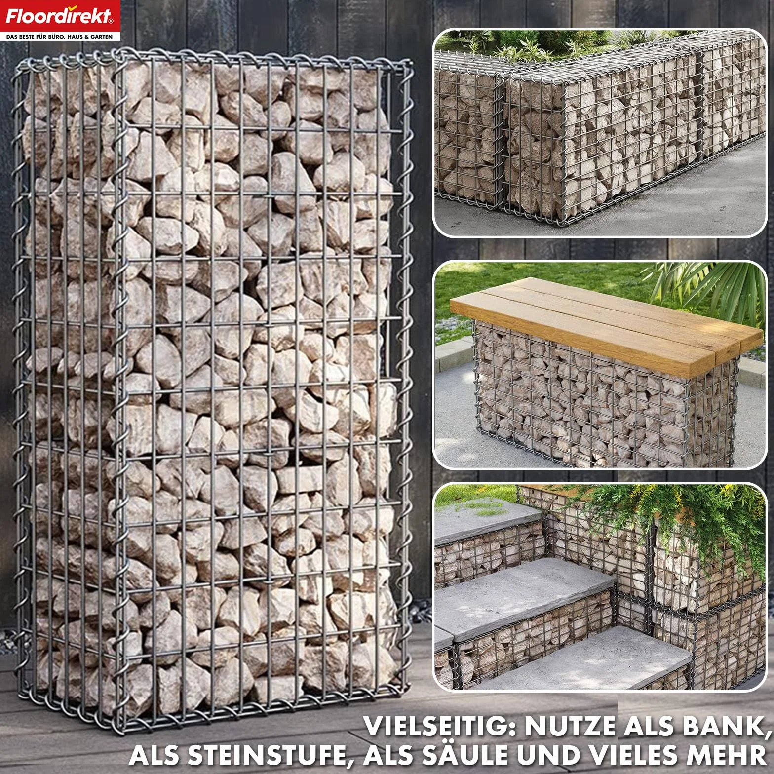 Floordirekt Gabiona, metalowy kosz na kamienie, 100x30x30 cm, ocynkowany kosz z drutem o rozmiarze oczek 5 x 10 cm, kamienny mur jako płot ogrodowy, siatka gabionowa jako osłona przeciwsłoneczna