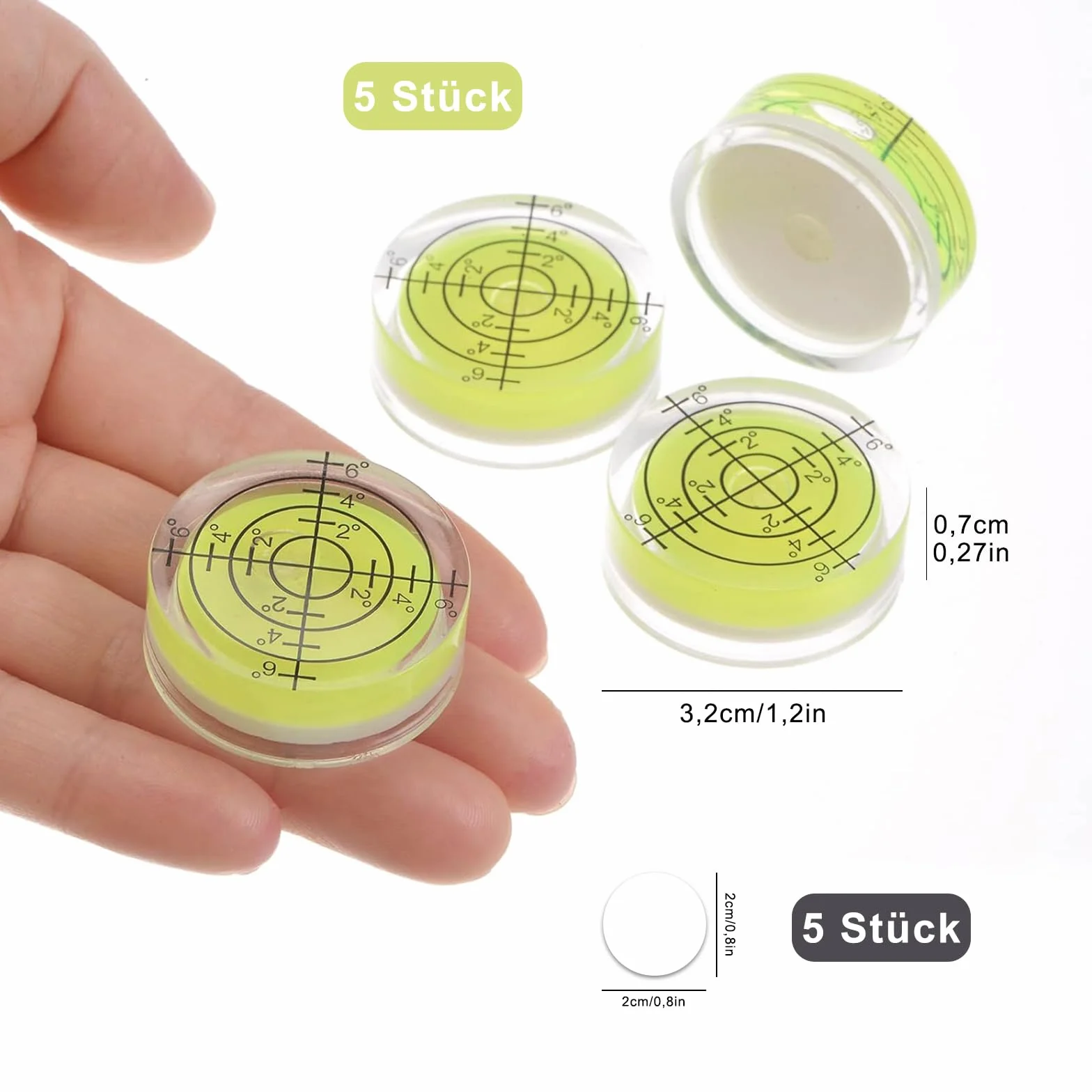 5 sztuk Ø 32 mm, średnica okrągłej bańki, mała poziomica z 5 dwustronnymi taśmami, okrągła bąbelkowa bąbelkowa, na kemping, urządzenia fotograficzne, zdjęcia nieruchome, zdjęcia