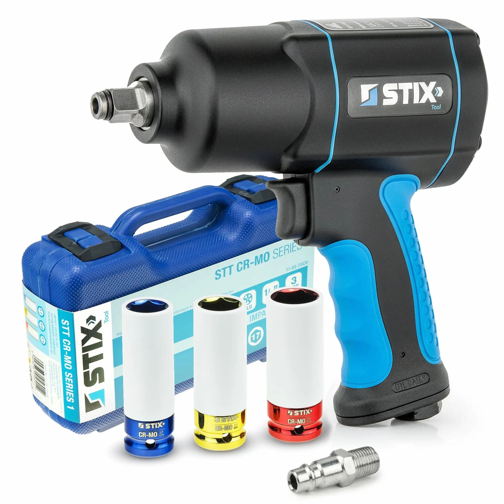 Stix STT-17 pneumatyczna wkrętarka udarowa 1700 Nm 1/2" 3 klucze nasadowe 19-21 mm – wysokiej jakości zestaw do wymiany opon z mocnym śrubokrętem udarowym i nasadkami CR-MO (CR-MO 17/19/21 mm)