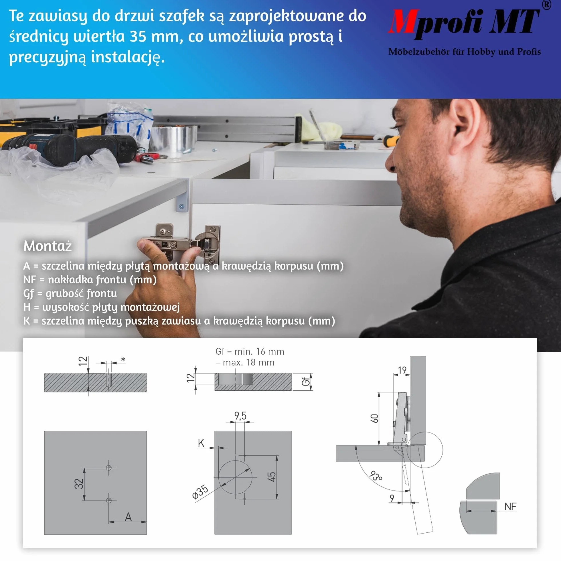 Mprofi MT® Zestaw 4 Zawiasów do Drzwi Szafy i Mebli - Ø 35 mm - do Szafek Kuchennych - Ogranicznik Narożny P/R/4