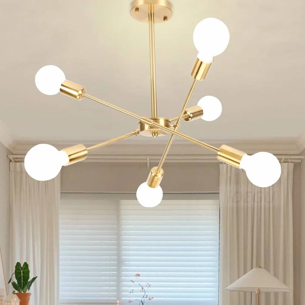 iDEGU żyrandol przemysłowy, 6 świateł, lampa sufitowa, LED, vintage, metalowa, regulowana, zawieszka, E27, oświetlenie retro, lampa sufitowa, do salonu, kuchni, jadalni, sypialni (złota)