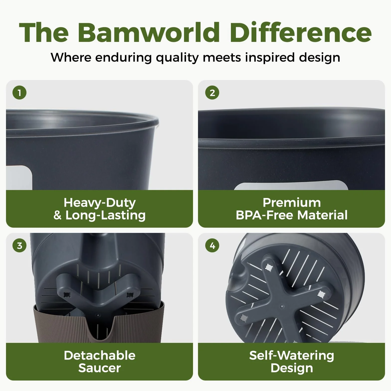 Bamworld 3 sztuki Samonawadniające się doniczki 16.5 cm do roślin wewnętrznych z otworami drenażowymi nowoczesne doniczki do salonu biura dekoracja(Czarny)