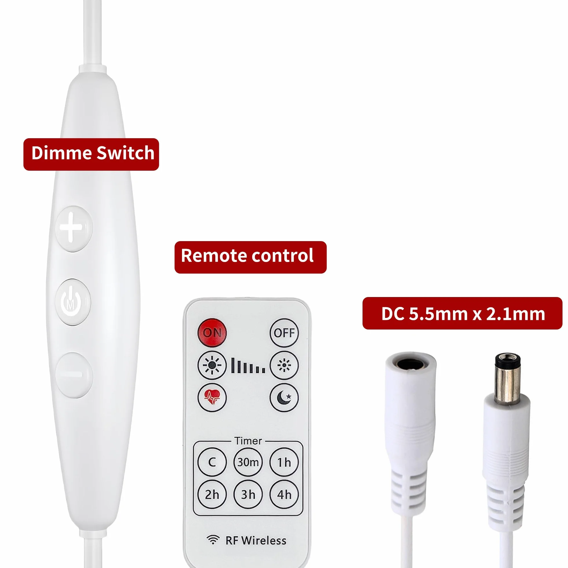 DC ściemniacz z wtyczką 5521 męsko-żeńską 2 szt., pilot, funkcja ON-OFF, ściemnianie bezstopniowe, prąd 2A, kabel 22AWG, opóźnienie 60 s, dla 12V LED jednokolorowych (biały)