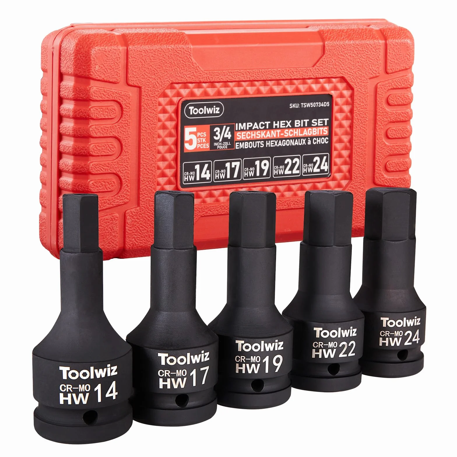 Toolwiz Zestaw bitów sześciokątnych 3/4", metryczny 14-24 mm, stal chromowo-molibdenowa, jednoczęściowa konstrukcja, profesjonalny zestaw kluczy nasadowych do wkrętarki udarowej