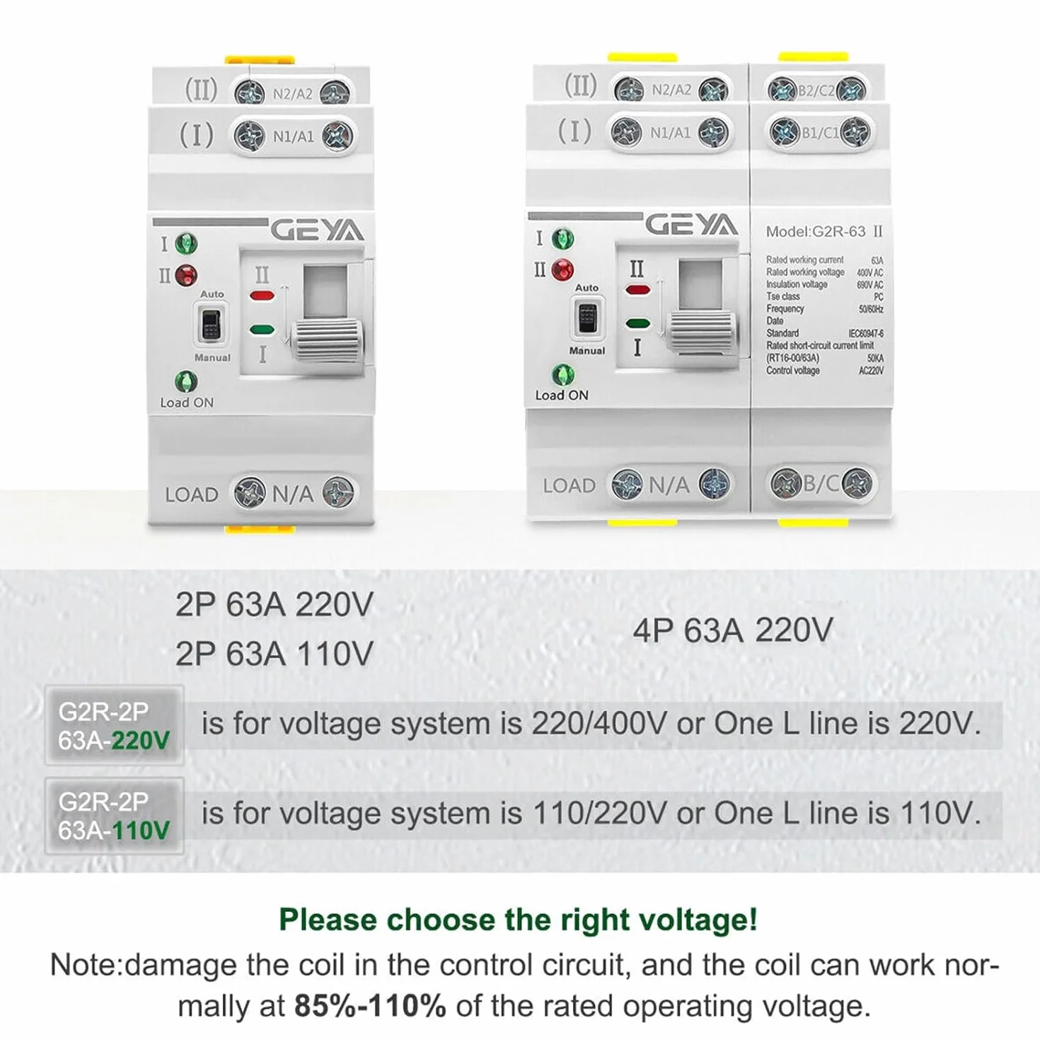 GEYA Mini ATS Automatyczno-ręczny przełącznik podwójnego zasilania 2P 40A AC220V