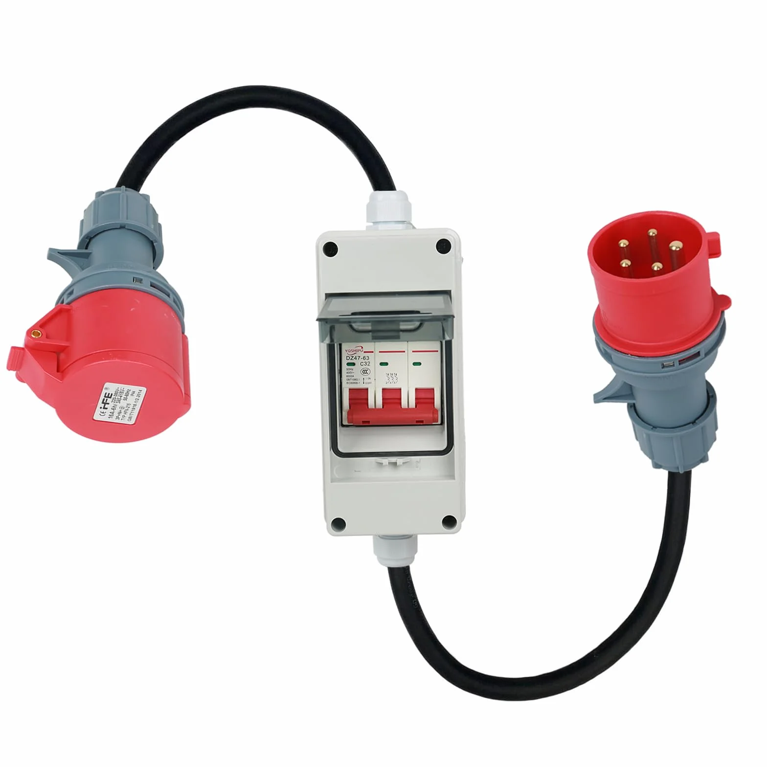 CEE Adapter 63 A 400 V wtyczka na 32 A 400 V sprzęgło z wyłącznikiem nadprądowym 32 A - IP44 CEE wtyczka H07RN-F 5G4/5G6 gumowy kabel zasilający 5 x 2,5 mm