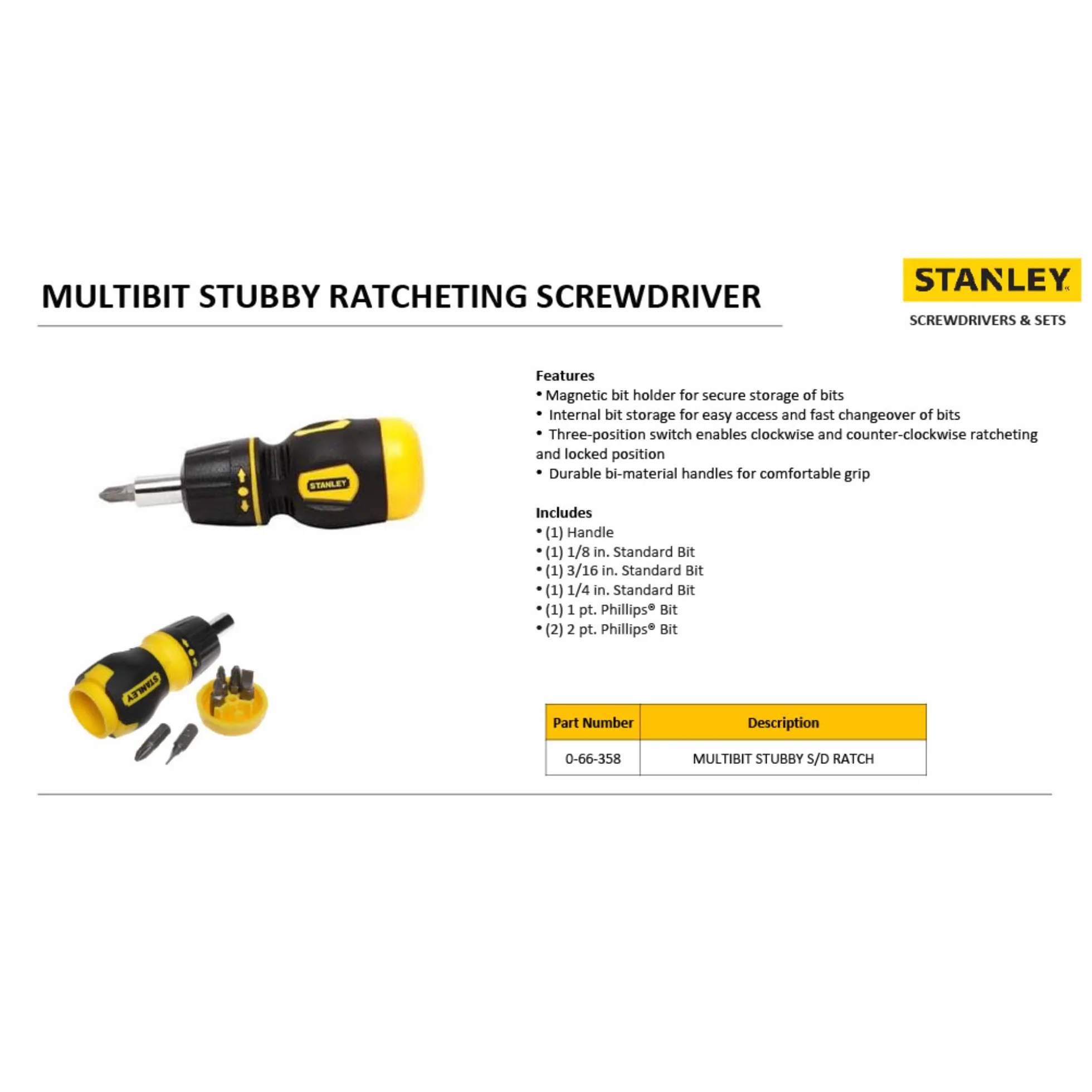 Stanley, Wkrętak multi-bitowy z wymiennymi końcówkami i grzechotką, 0-66-358