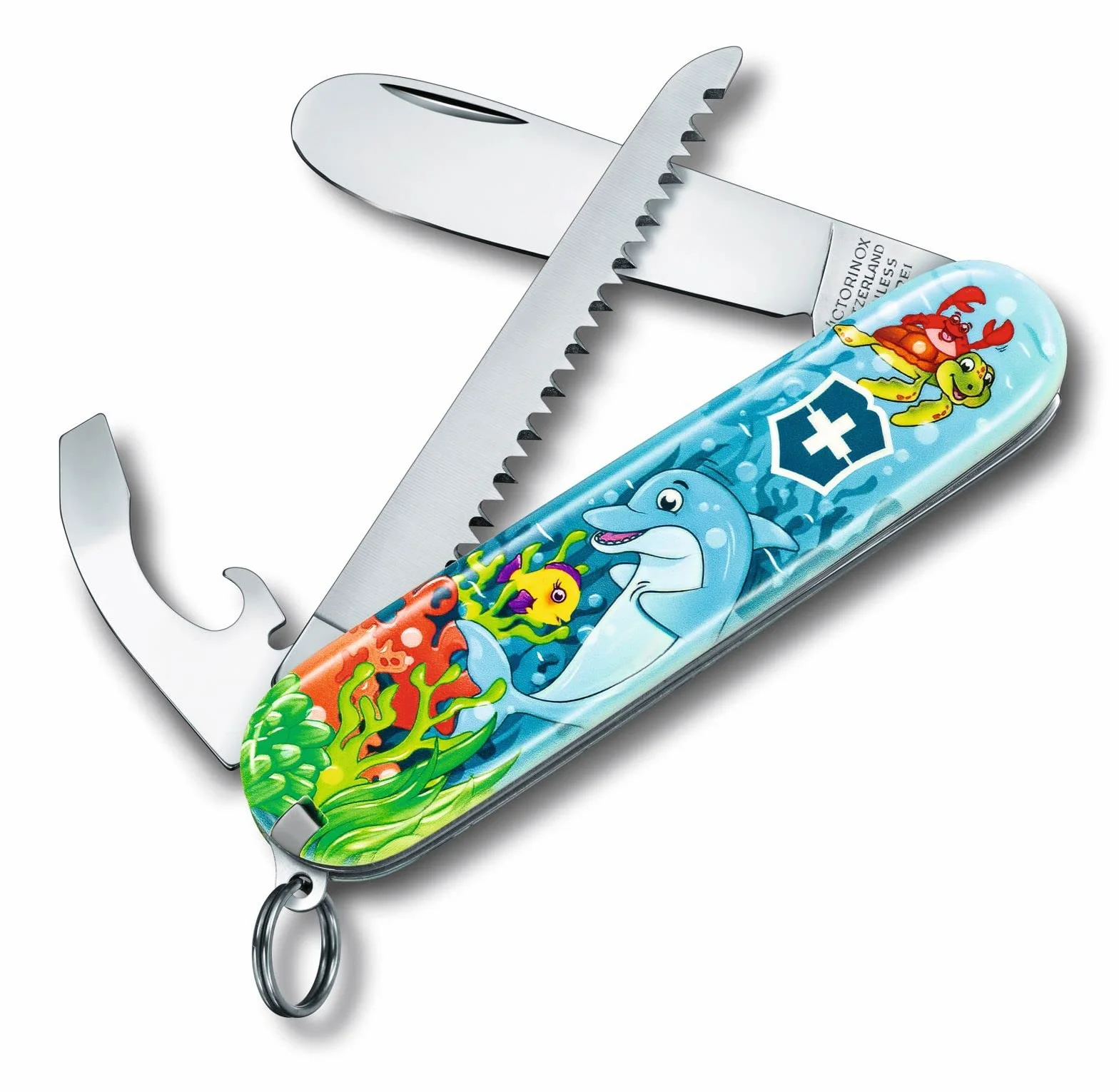 Victorinox Taschenmesser My First Victorinox Sets für Kinder, Tier-Edition (9 Funktionen, Klinge, gross ohne Spitz, Dosenöffner, Schraubendreher), blau