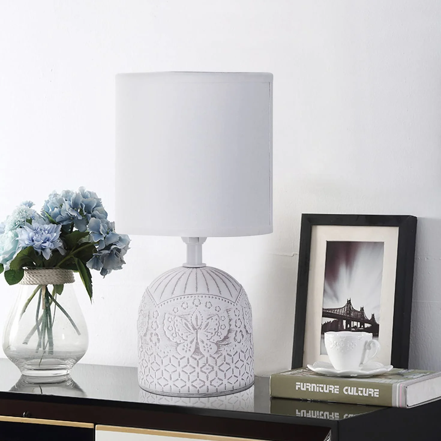 Aigostar - Lampki nocne, Lampa stołowa ceramiczna E14, Biały klosz z tkaniny, Lampki nocne w stylu vintage do sypialni, salonu, pokoju gościnnego, Dł. 13 x Wys. 26 cm