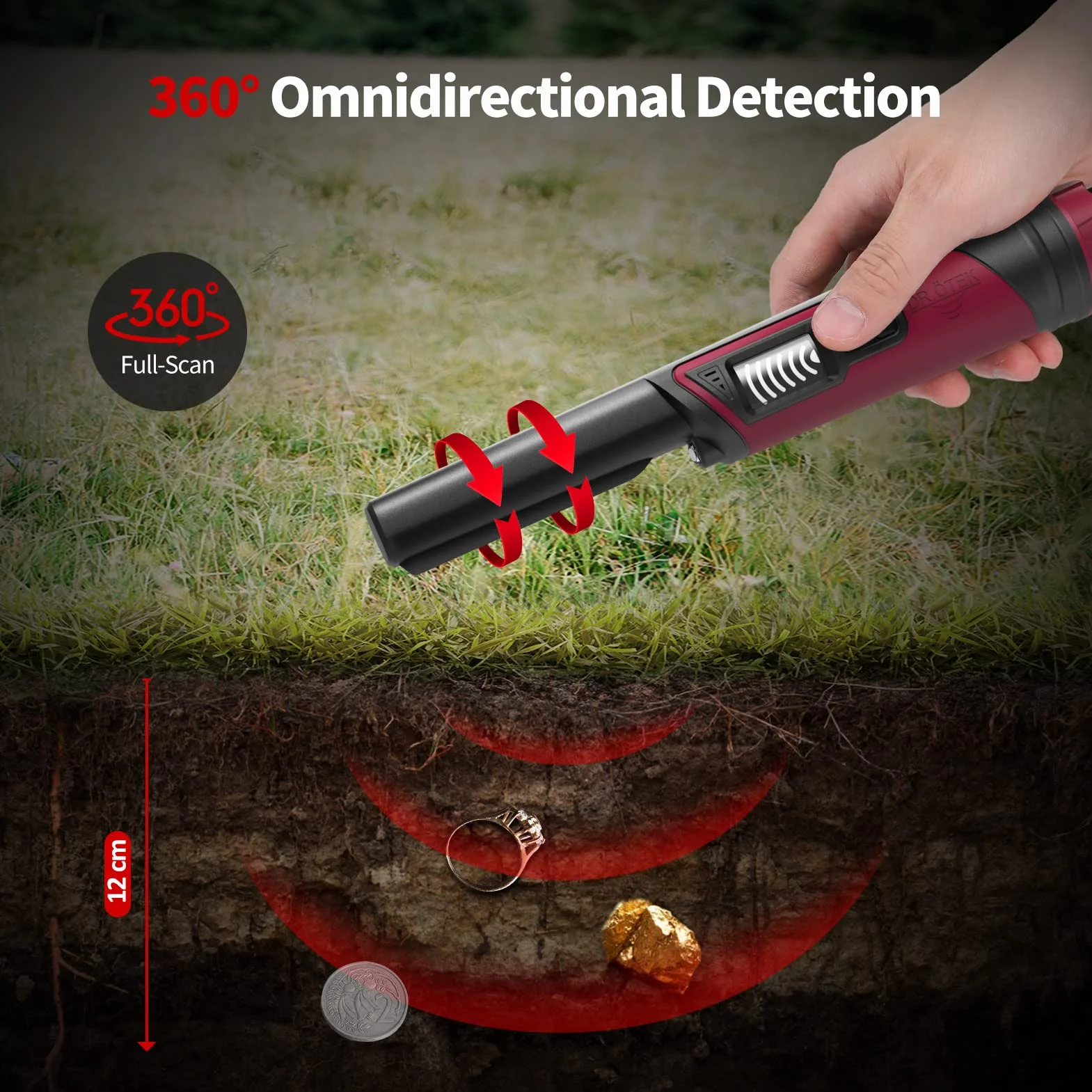 DR.ÖTEK Pinpointer Wykrywacza Metali, w Pełni Wodoodporny Ręczny Pin Pointer IP68 z Ekranem LCD, Innowacyjna Funkcja Usuwania Zakłóceń, Wyższa Czułość, 3 Tryby Ostrzegania, Czerwony