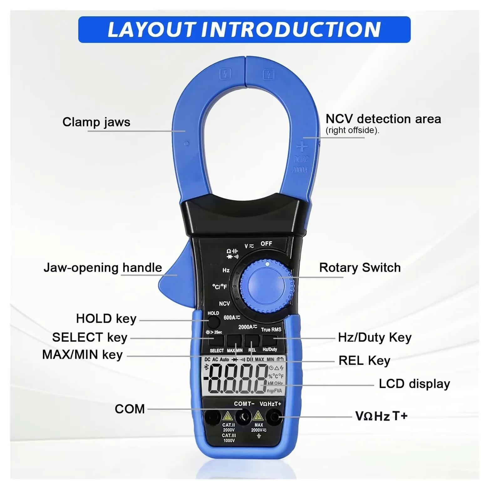 Cęgowy Multimetr Cyfrowy AC/napięcie Prądu Stałego Tester 2000A/2000V Miernik True RMS Podłączanie Telefonu Komórkowego Bluetooth(Blue)