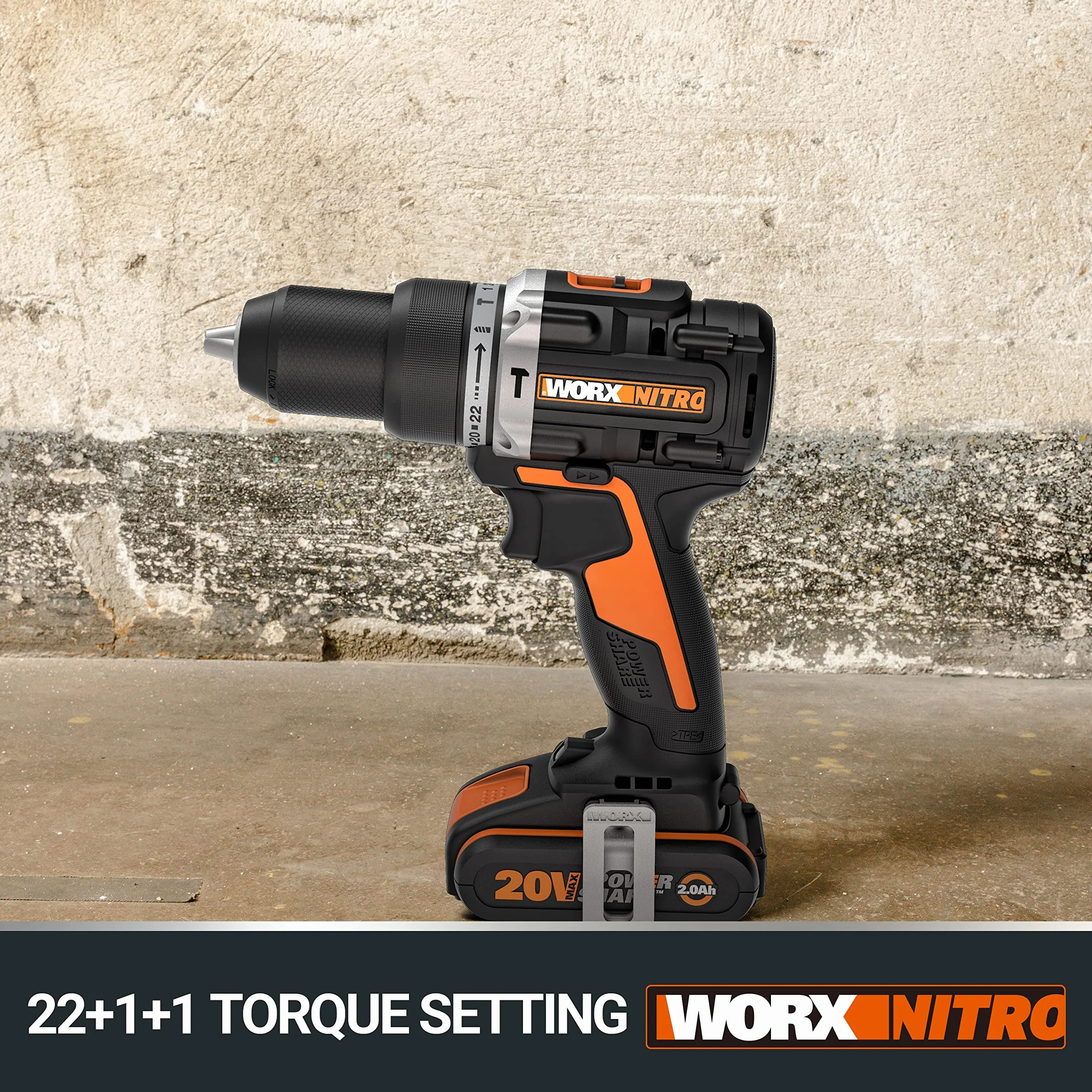 WORX Nitro WX352.4 akumulatorowa wiertarka udarowa 20 V, silnik bezszczotkowy, 60 Nm, regulowana prędkość obrotowa, światło LED (w zestawie 75 sztuk bitów, 2 akumulatory 2,0 Ah PowerShare w zestawie)