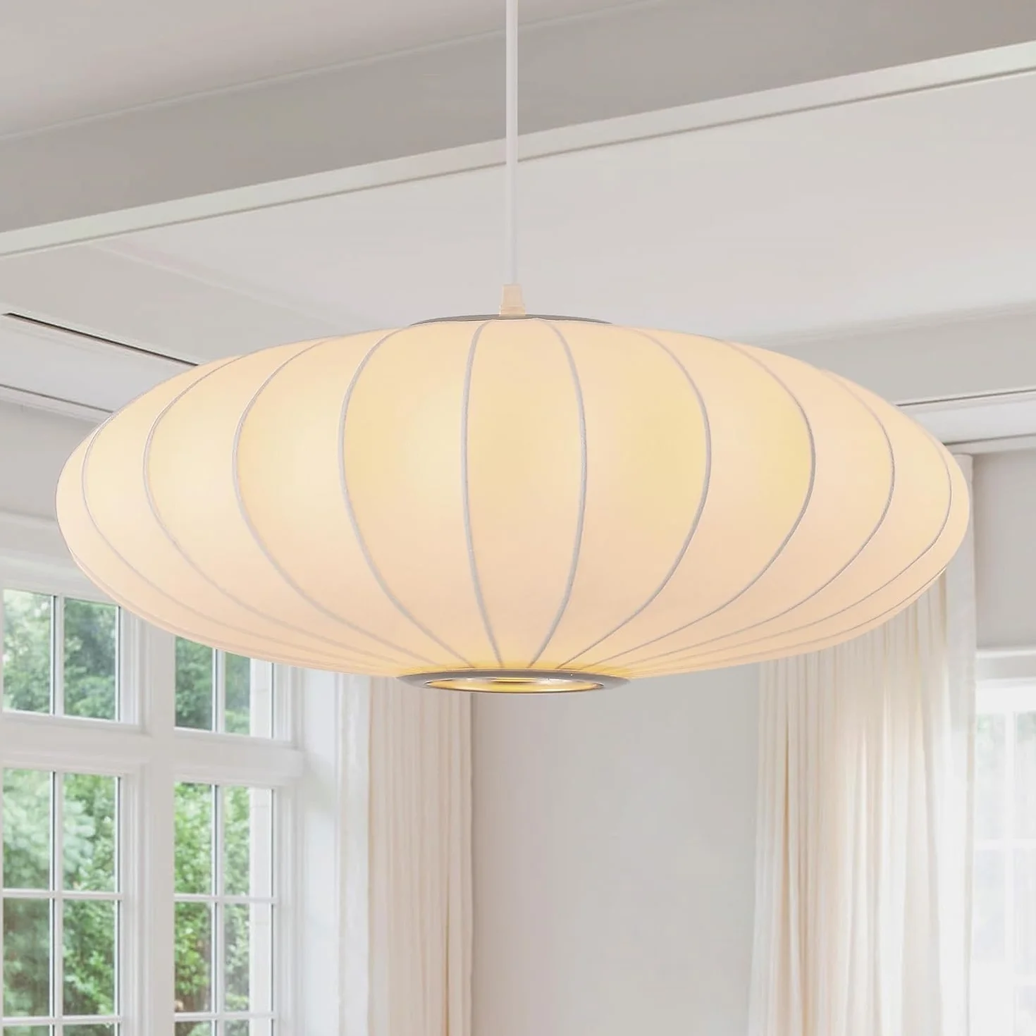 Lampa Wisząca W Kształcie Latarni, Abażur Z Imitacji Jedwabiu, Biała Lampa Wisząca W Stylu Boho Wabi-sabi, Regulowana Wysokość, Prosty Kreatywny Żyrandol Do Salonu, Jadalni, Kuchni, Wyspy(50CM)