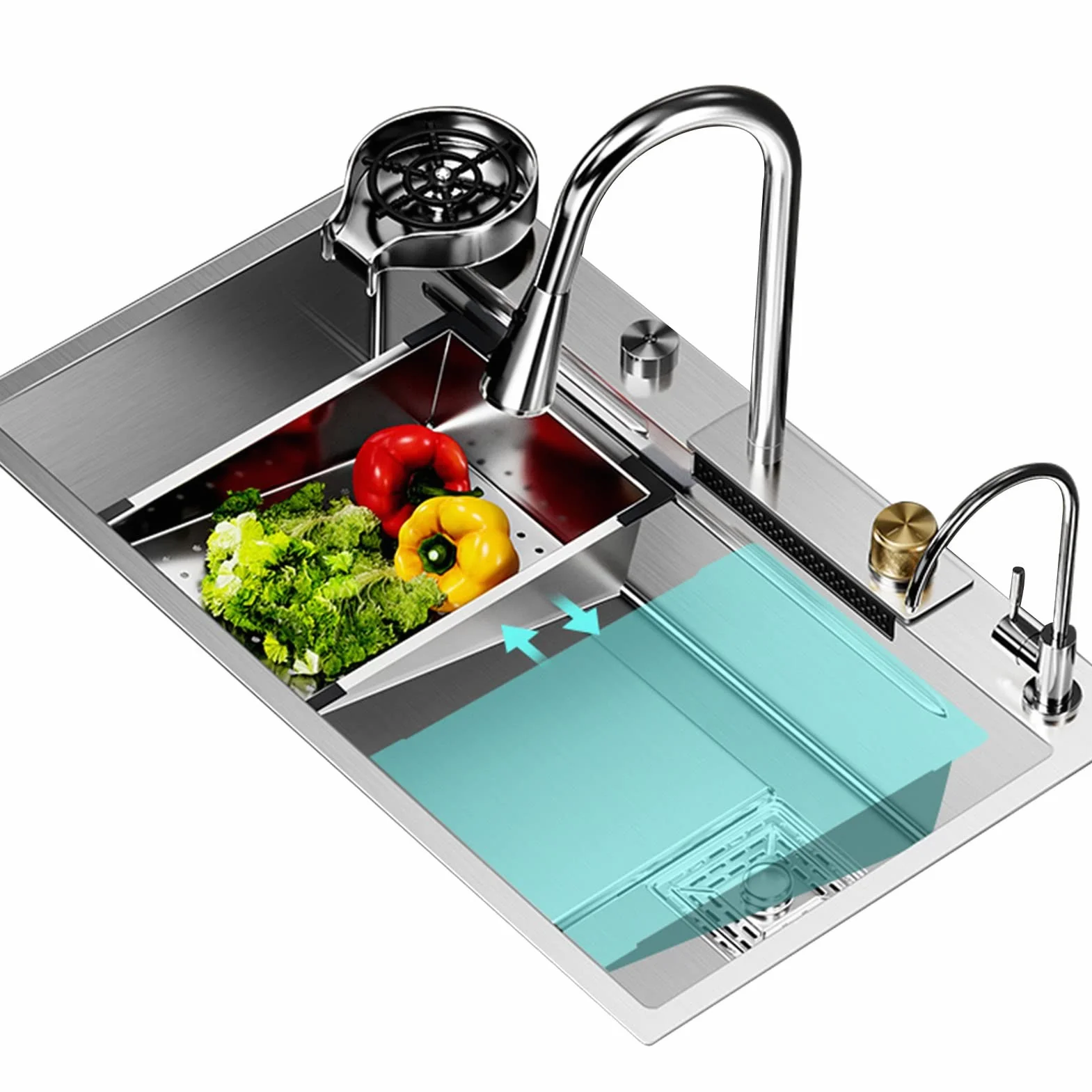 Zestaw zlewozmywakowy typu wodospad, zlewozmywak wpuszczany w blat lub pod blatem, z kranem, umywalka w umywalce, durszlak, myjka do szkła,Silver-68x45CM