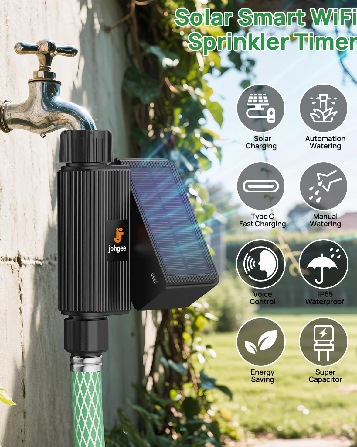 johgee Solarny sterownik nawadniania, Wi-Fi, inteligentny zegar nawadniający, kompatybilny z ogrodem