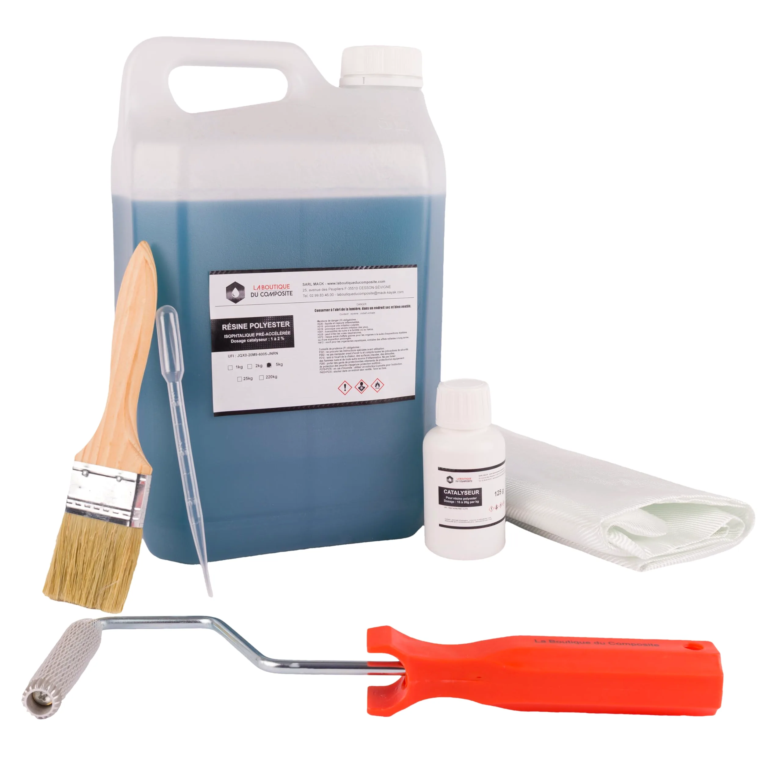 Zestaw naprawczy z poliestru, żywicy izotalowej, włókna szklanego Rovimat 300/300, katalizator, aluminiowy czajnik, szczotka, pipeta (5 kg żywicy poliestrowej + 5 m² rovimat)