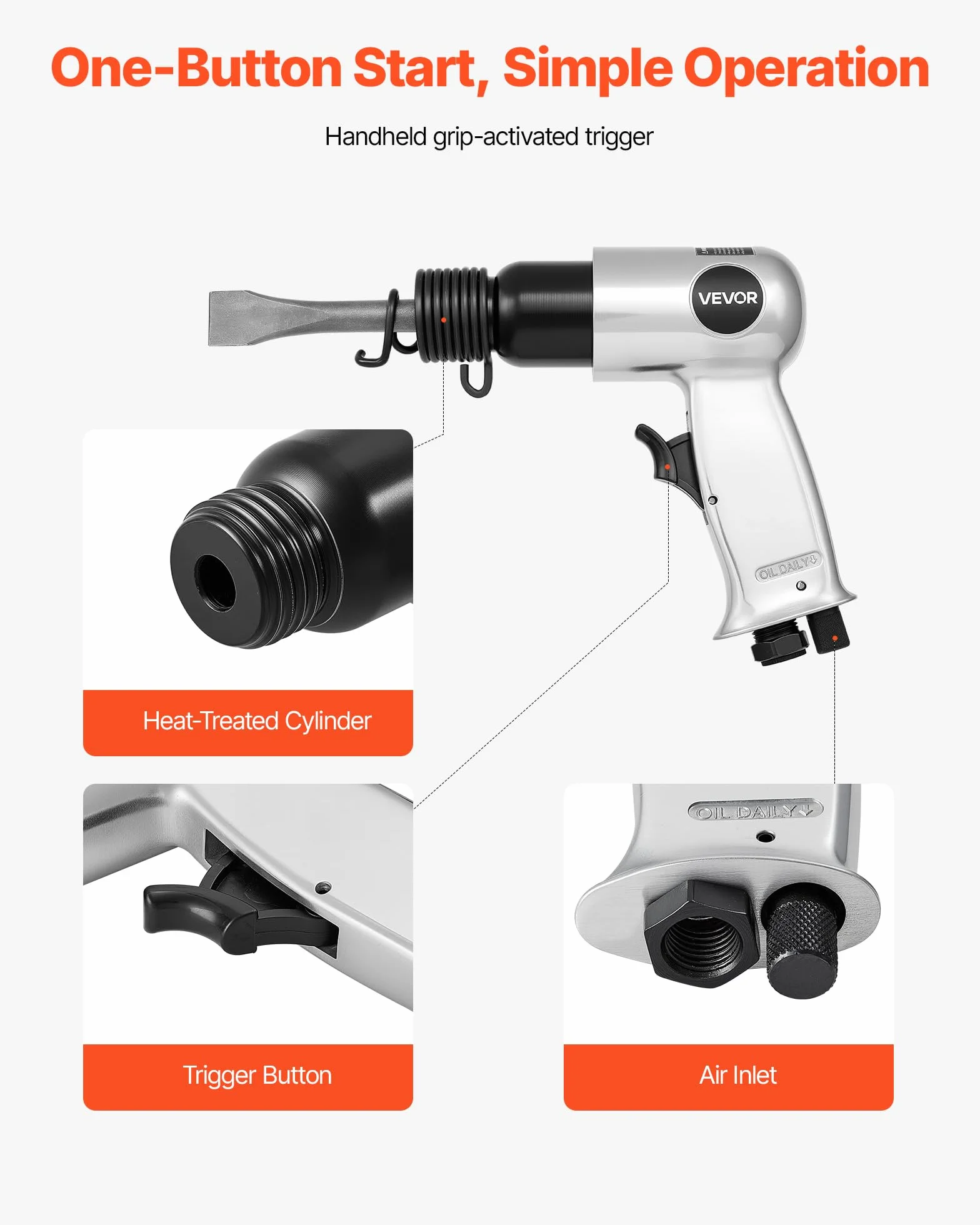 VEVOR Młotek pneumatyczny 4500 bpm, kompaktowe dłuto, długość skoku 4 cm, z 4 dłutami 12 cm, do cięcia metalu, wyburzania ścian betonowych, dłutowania podłóg