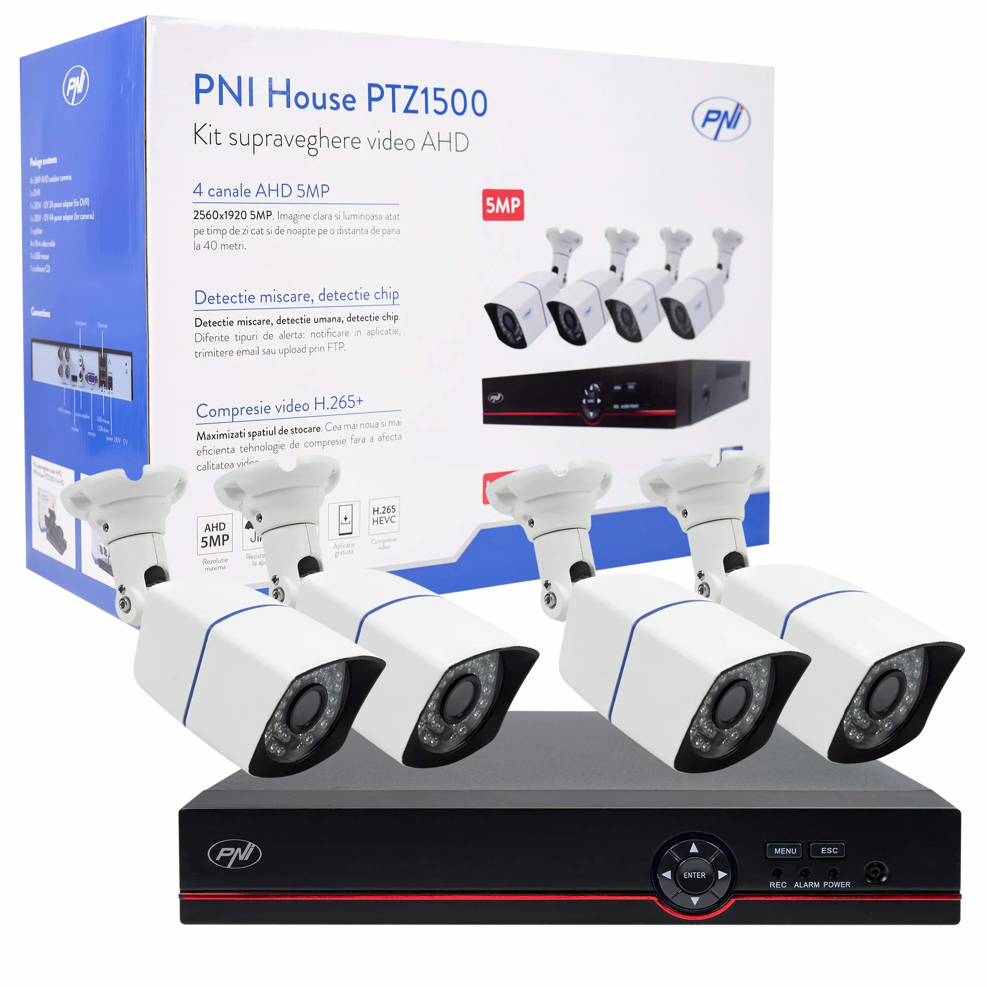 Zestaw do monitoringu wideo AHD PNI House PTZ1500 5 MP - DVR i 4 zewnętrzne kamery do monitoringu