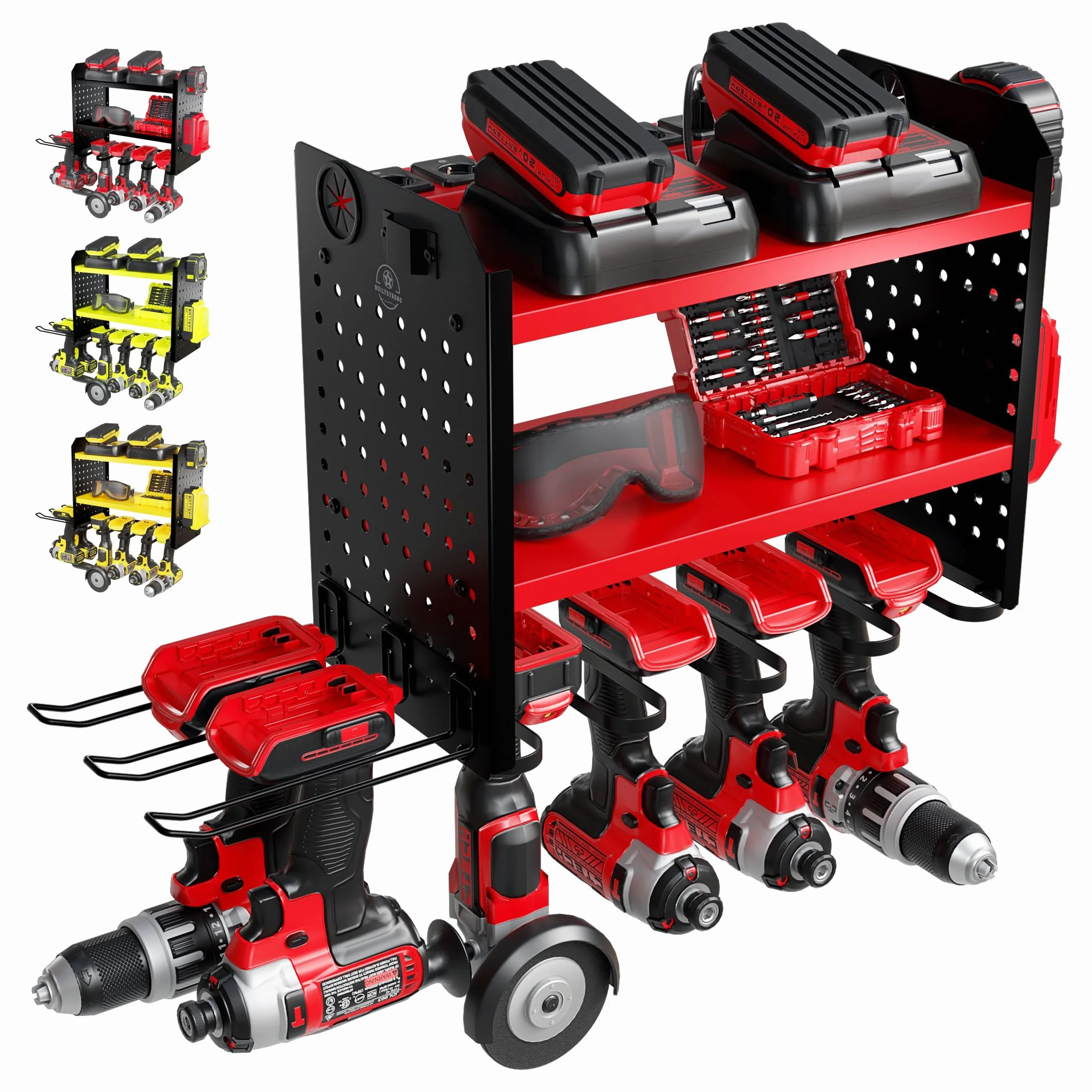 Power Tool Organizer na 6, uchwyt na wiertarkę, uchwyt ścienny, 3-poziomowy, wytrzymały, metalowy stojak do przechowywania narzędzi ręcznych, stojaki na narzędzia, uchwyt na wiertarki, 2 boki deski