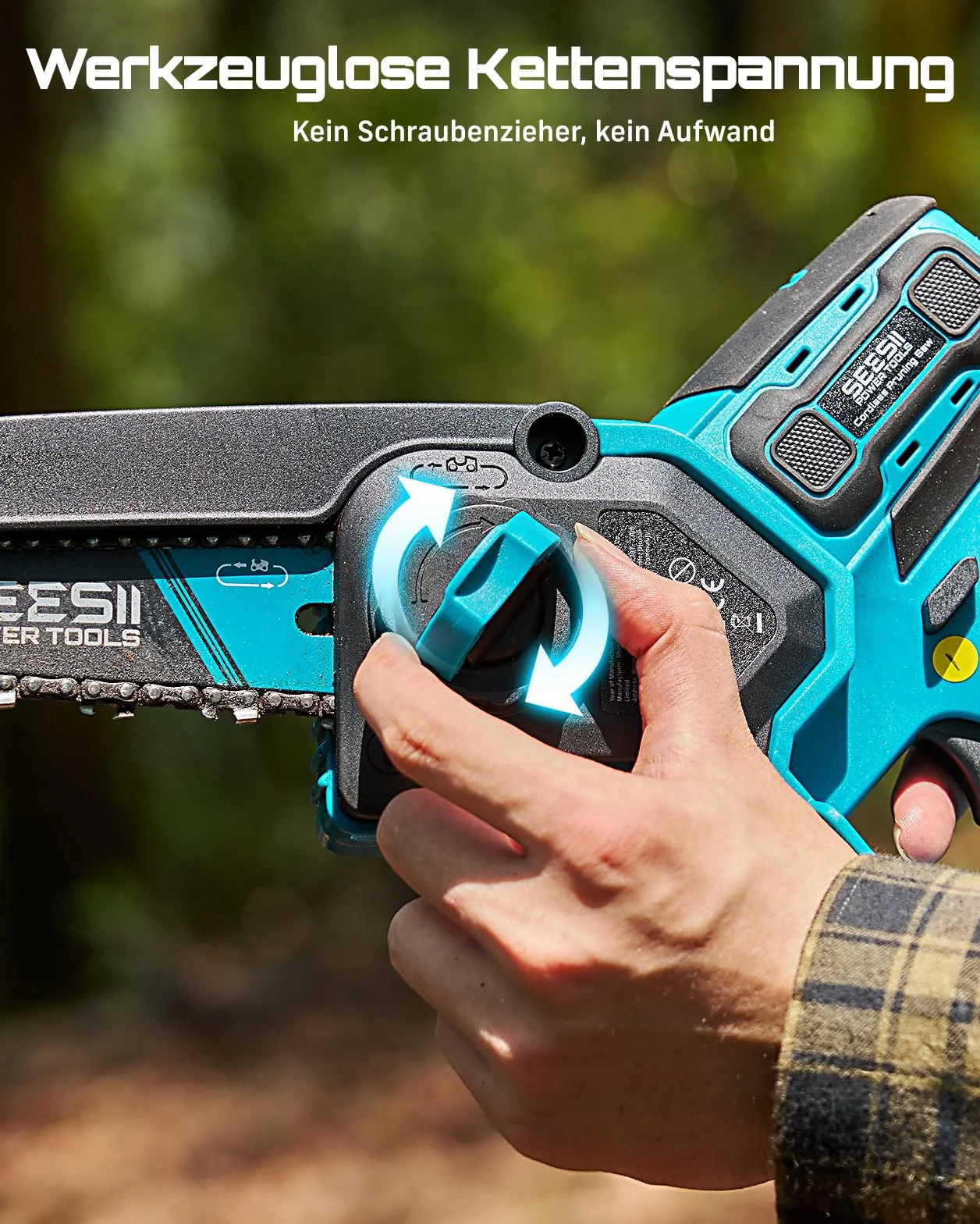 SEESII Mini piła łańcuchowa, 1000 W, bezszczotkowa piła łańcuchowa z 2 bateriami 4000 mAh, mała piła z automatycznym smarowaniem łańcucha i naprężeniem łańcucha bez użycia narzędzi, piła do gałęzi