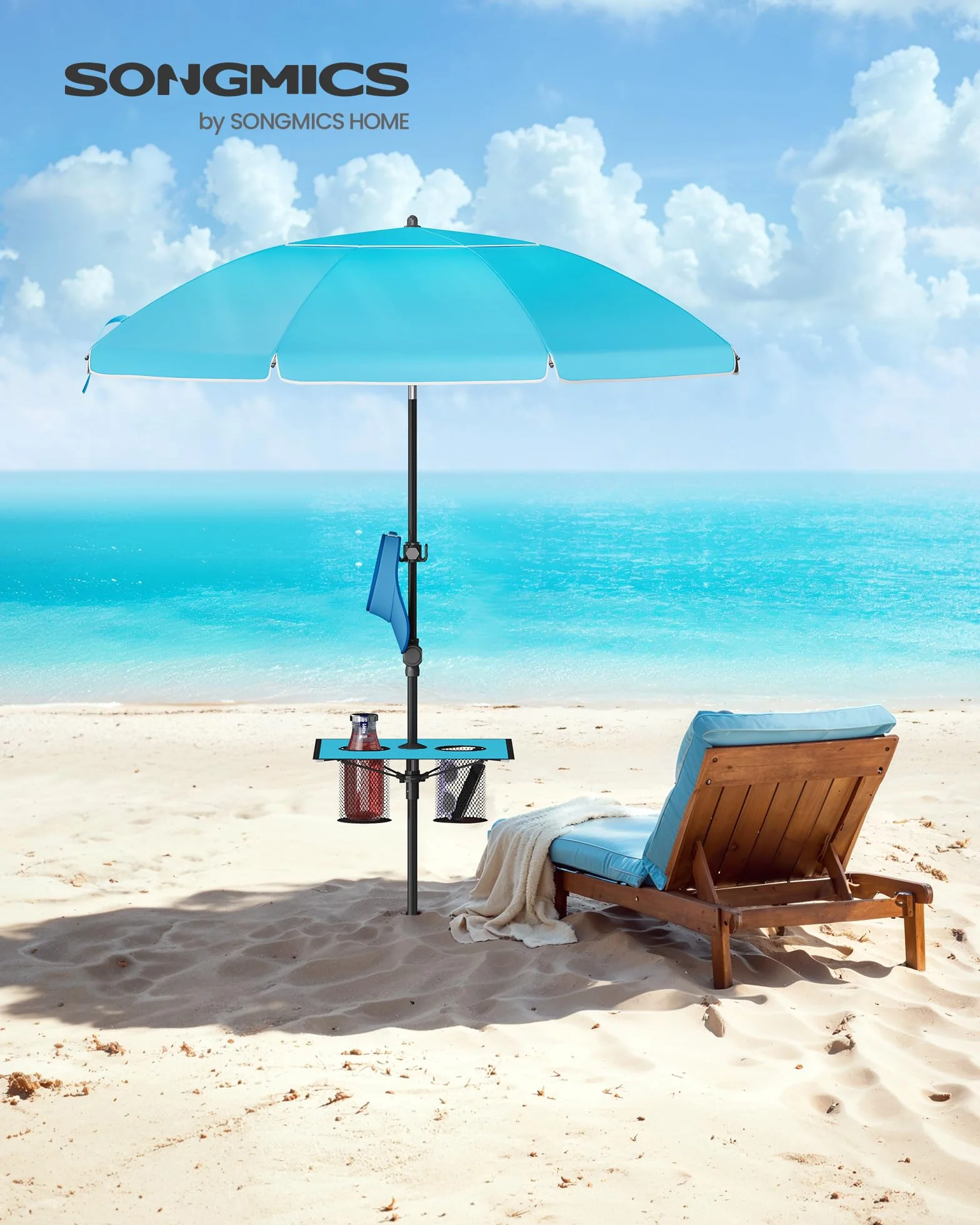 SONGMICS Parasol Plażowy 160 cm UPF 50+ Składany 30° Niebieski