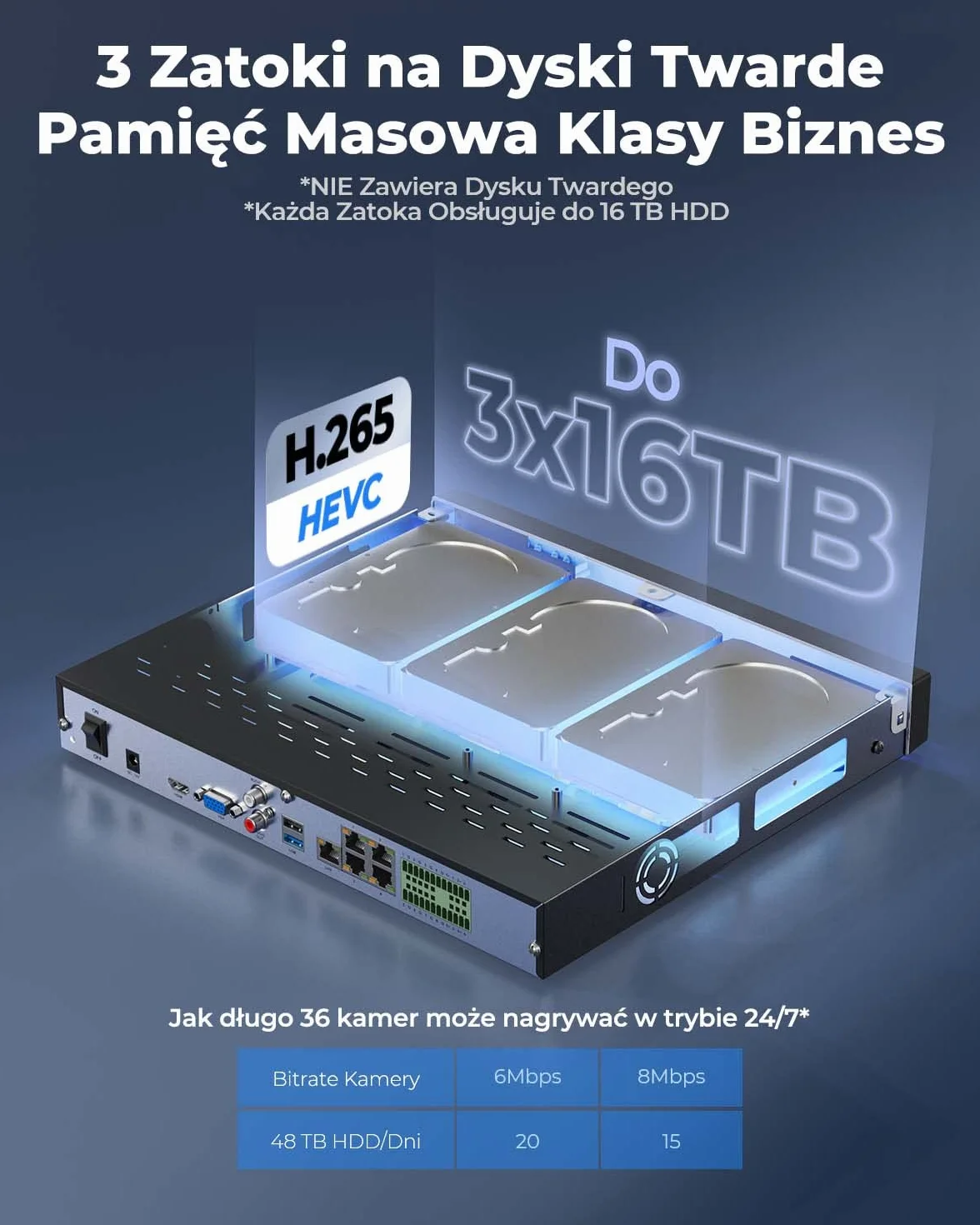 Reolink RLN36 12MP 36-kanałowy NVR CCTV system, 3 sloty HDD, obsługa kamer IP 12MP/4K, alarm O/I