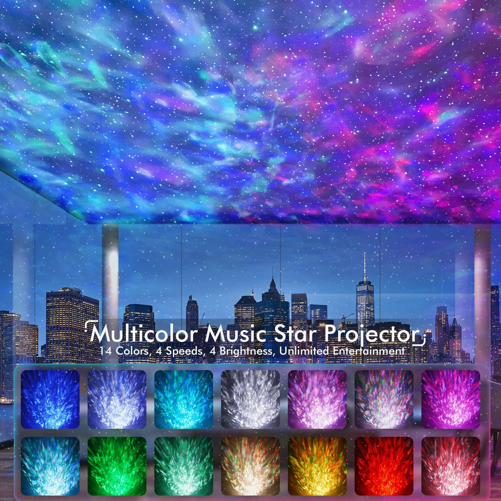 Rossetta Galaxy Reflektor Gwiazdkowy do Sypialni, Pilot Zdalnego Sterowania, Głośnik Bluetooth, Lampka Nocna LED, 14 Kolorów, Pokoju Dziecięcego, Kina Domowego, Imprezę, Salonu