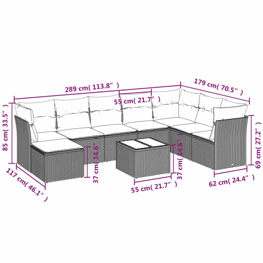 Zestaw wypoczynkowy ogrodowy rattan sofa narożna szary 9-częściowy