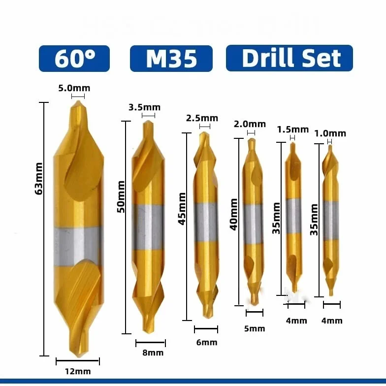 6 sztuk/10 sztuk HSS kombinowane wiertła centrujące Ti-powlekane 60 stopni pogłębiacze kątowe zestaw bitów 1.0-6mm metalowe centrujące wiertło tokarka W6542 M35(A4.0 (10mm) Cobalt)