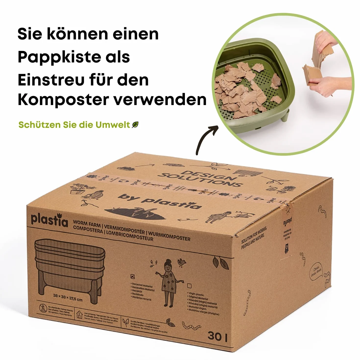 Vermicompost do kuchni i balkonu - Wormbox Przypomina torf - wiadro projektowe wykonane w 100% z tworzywa sztucznego z recyklingu - pojemność 30 litrów, szary