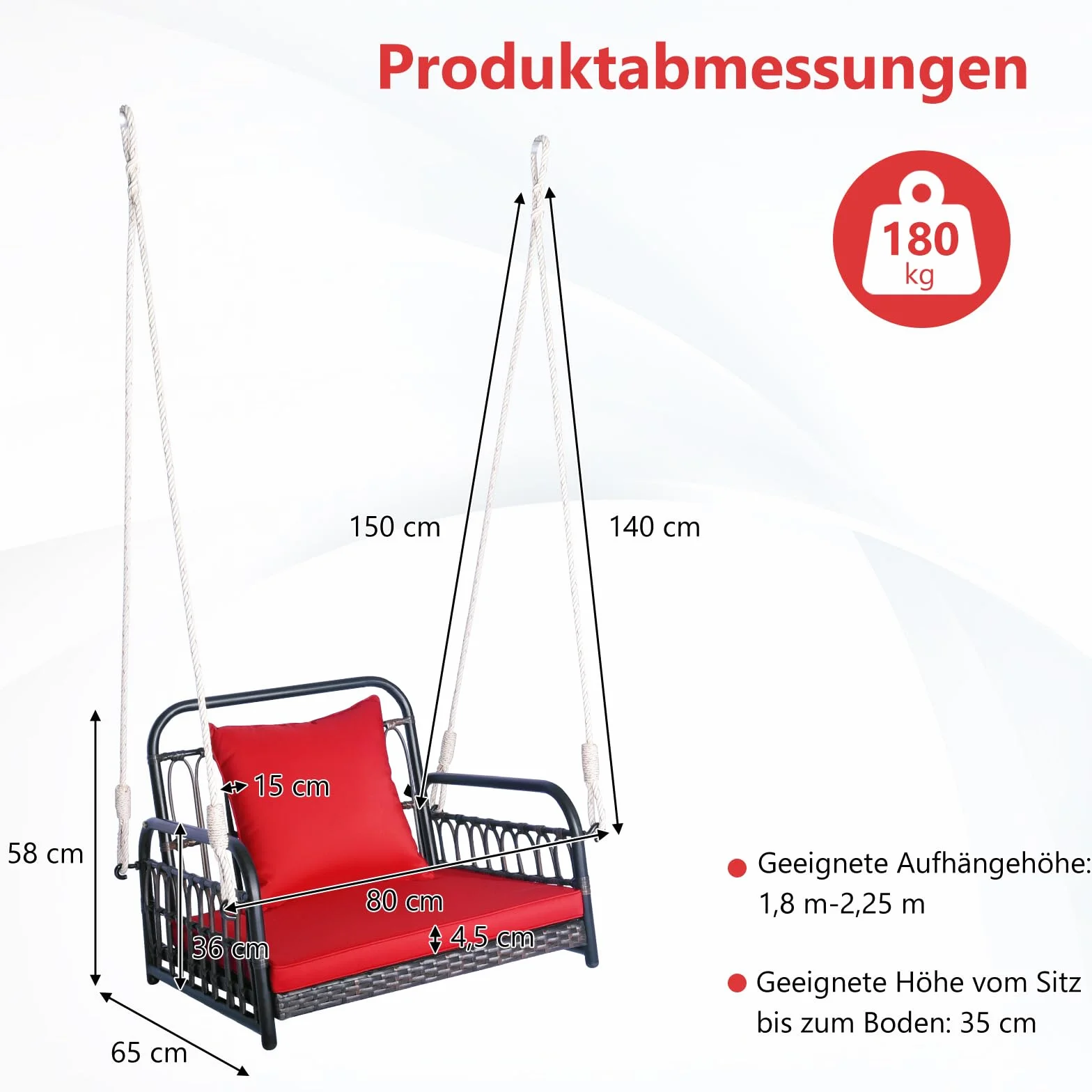 COSTWAY Fotel wiszący, huśtawka tarasowa, obciążenie do 180 kg, fotel wiszący z poduszką na siedzisko i oparcie, metalową ramą i linami wiszącymi, na werandę i podwórko