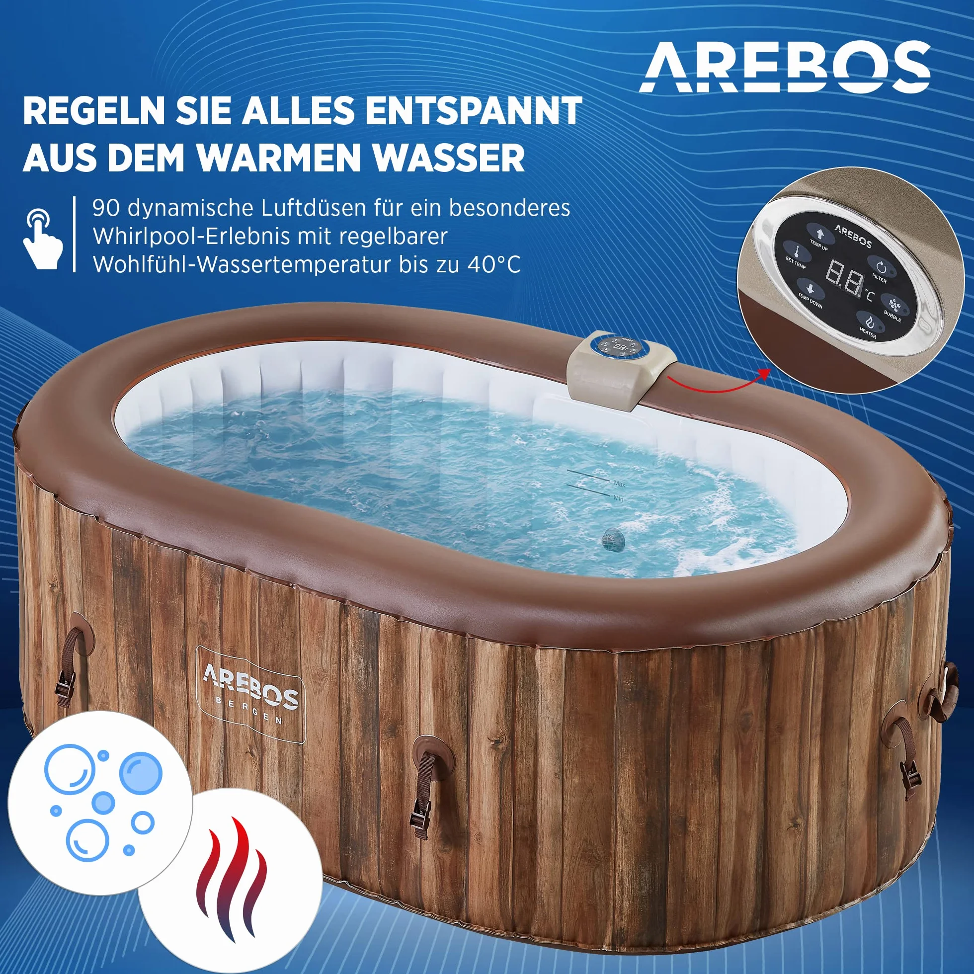 Arebos Nadmuchiwane Spa | Nadmuchiwane | Wnętrze i na zewnątrz | 190x120 cm Owal | 2 osoby | 90 dysz masujących | z ogrzewaniem | 550 litrów | Okładka w zestawie | Masaż Bubble Spa i Wellness