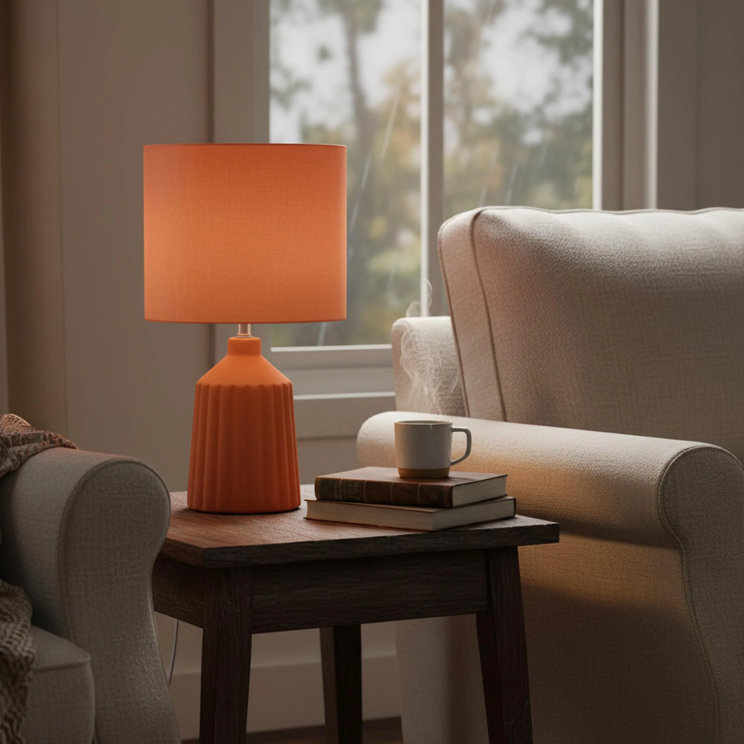 Relaxdays Lampa stołowa, wzorzysta podstawa ceramiczna, abażur z materiału, E27, wys. x śr.: 42 x 23 cm, lampka nocna z kablem, terakota