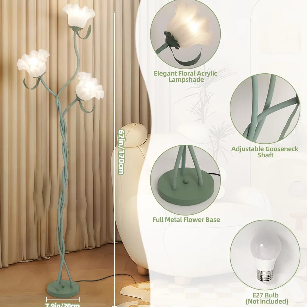 Lampa podłogowa w stylu vintage, z 3 głowicami, do salonu, 3 temperatury barwowe, lampa podłogowa z regulacją wysokości z gęsią przekąską, 67", nowoczesna lampa z 3 głowicami, do pokoju