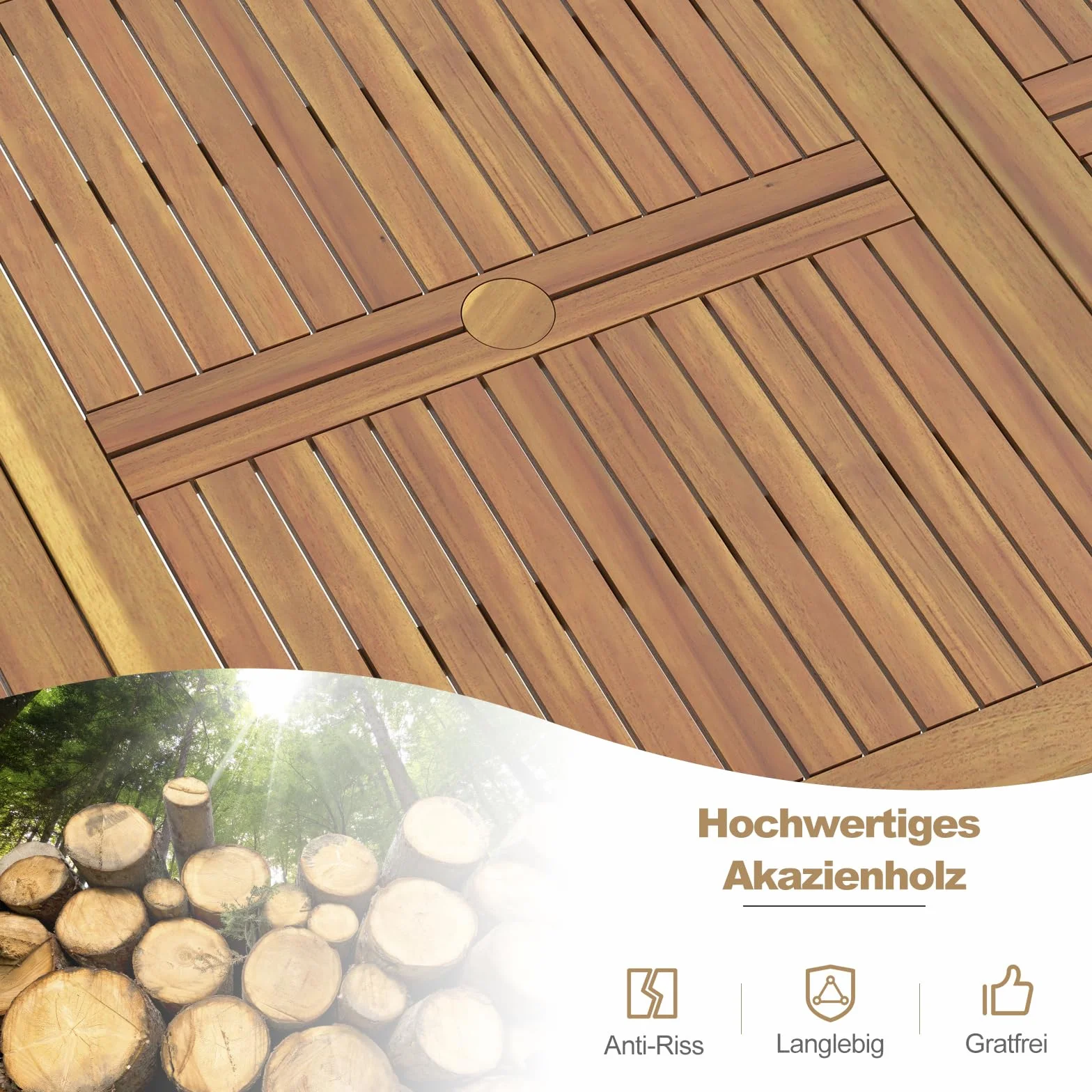 COSTWAY Stół ogrodowy z otworem na parasol 200x90 cm prostokątny blat z drewna akacjowego