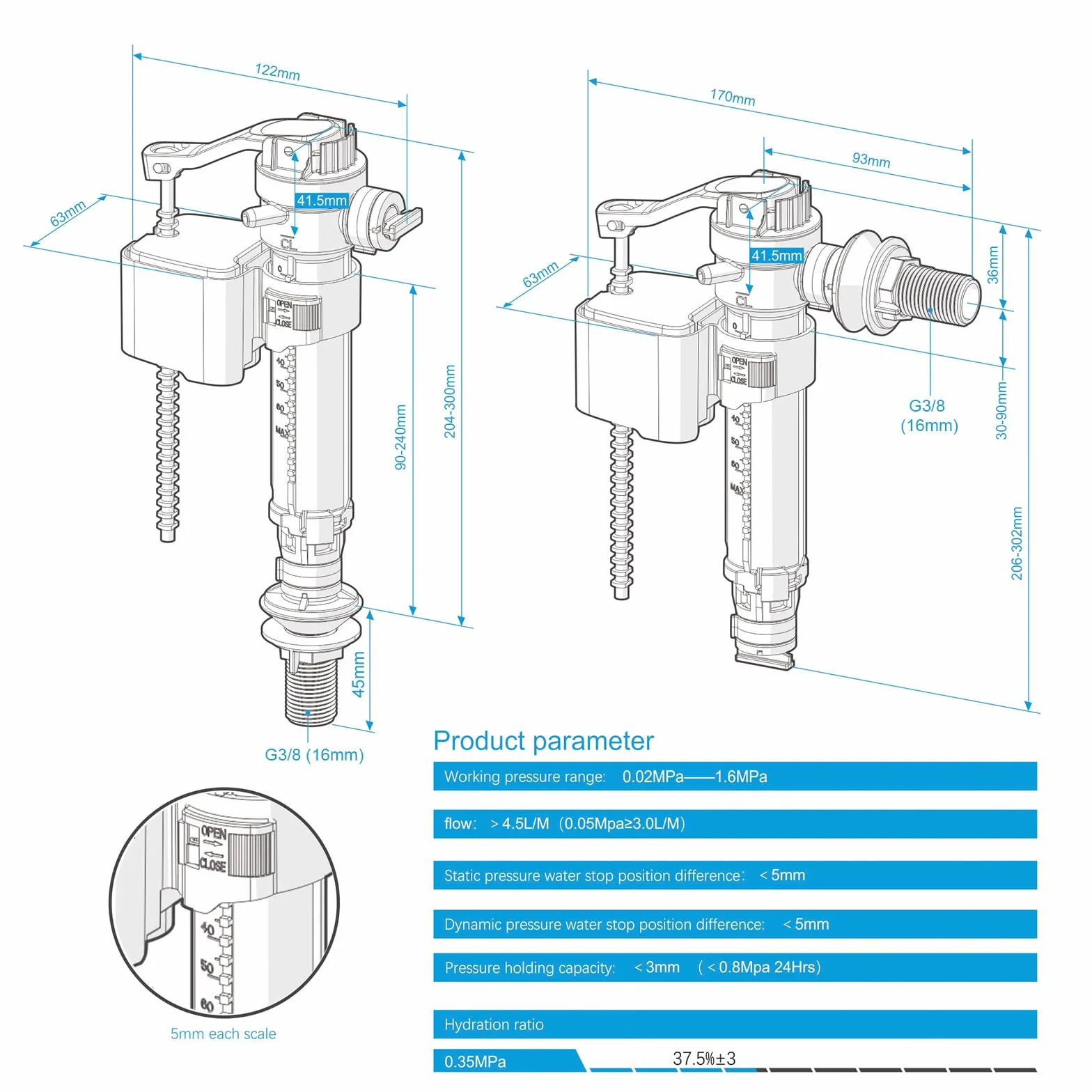 Ibergrif M20521, uniwersalny spłukiwacz toaletowy - mechanizm spłukiwania toalety, wlot wody od dołu/boku, M12/17 (G3/8), zawiera filtr
